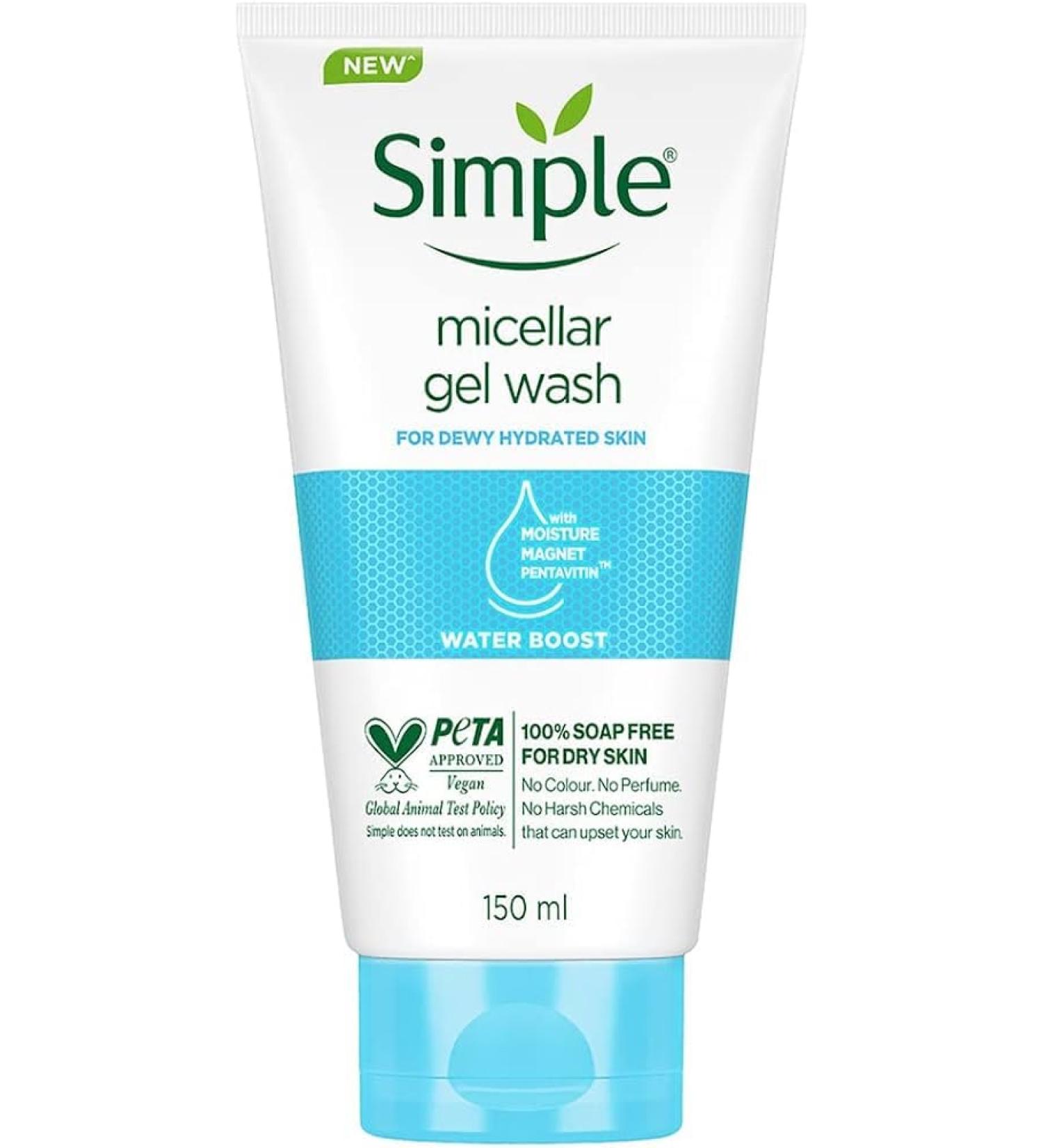 Sim.ple Water Boost Micellar Facial Wash 150ml | 100% Soap-Free Face Wash for Dewy Hydrated Skin | Ideal for Normal to Dry Skin Shop Internationally - Buy Online on GoSupps.com