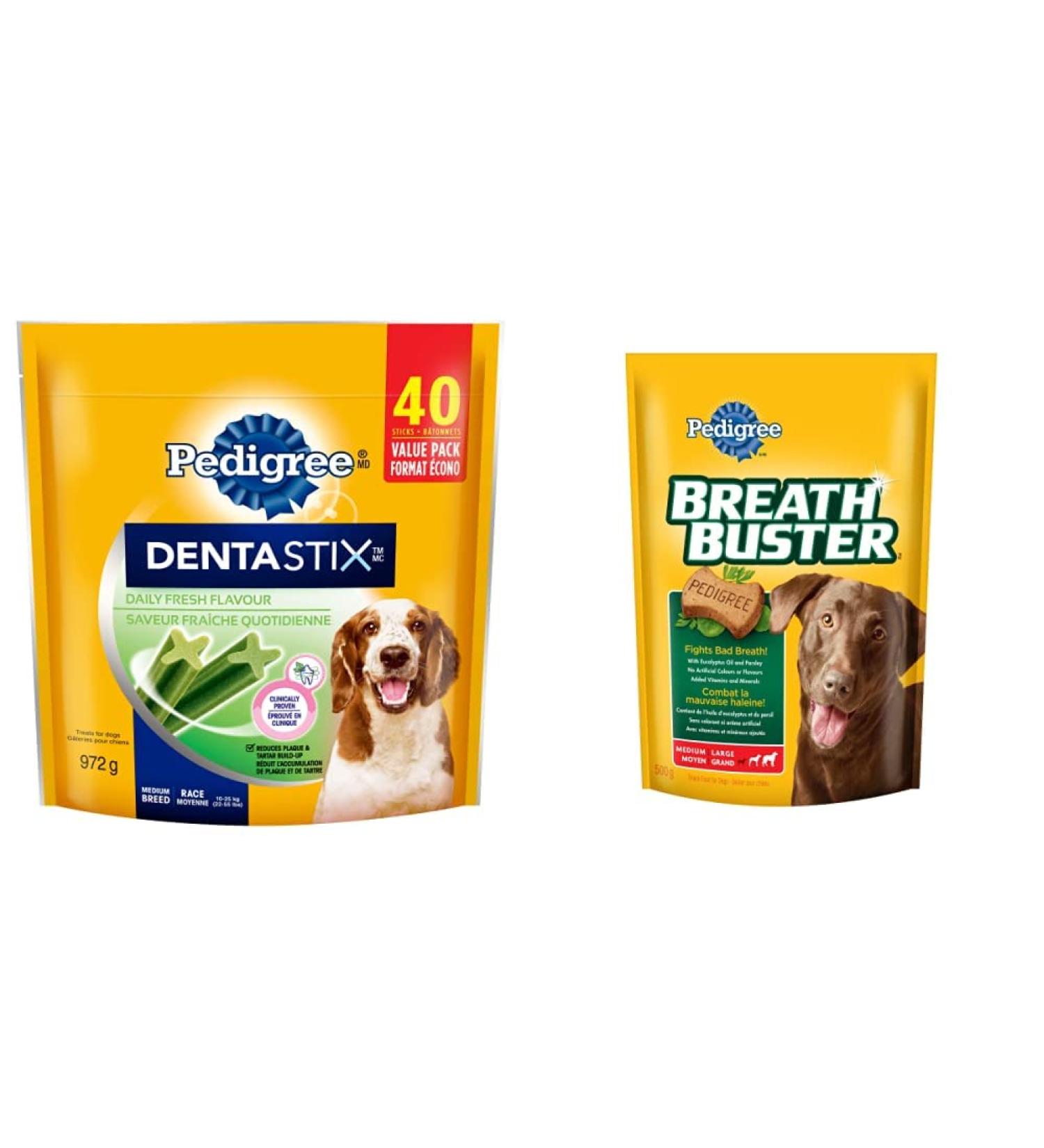 PEDIGREE DENTASTIX Oral Care Adult Dog Treats for Medium Dogs - Fresh Flavour 40 Sticks | PEDIGREE BREATHBUSTER Biscuit Treats for Dogs Medium or Large 500g Pouch Fresh 2 Piece Set Dog Treats + Biscuit Treats - Buy Online on GoSupps.com
