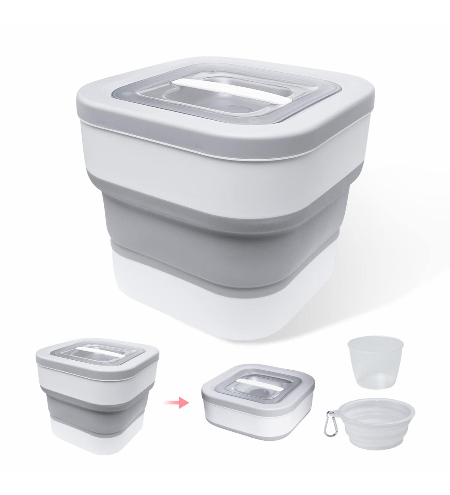 Collapsible Dog Food Storage Container, 10-13LB Capacity, Airtight Seal, Magnetic Lid, Measuring Cup, Silicone Bowl, White - Buy Online on GoSupps.com