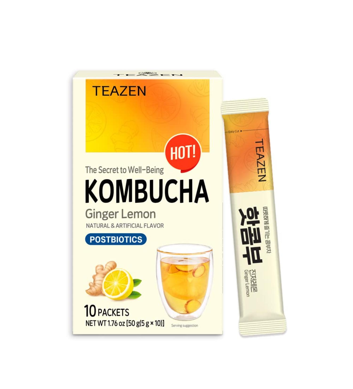 TEAZEN Lemon Ginger Hot Kombucha Tea  Live Probiotics & Postbiotics  Relaxation and Warmth for Colds and Sore Throat  Zero Sugar  Low Caffeine  Fermented Kombucha Powder from Korea  10 Sticks  1.76oz - Buy Online on GoSupps.com