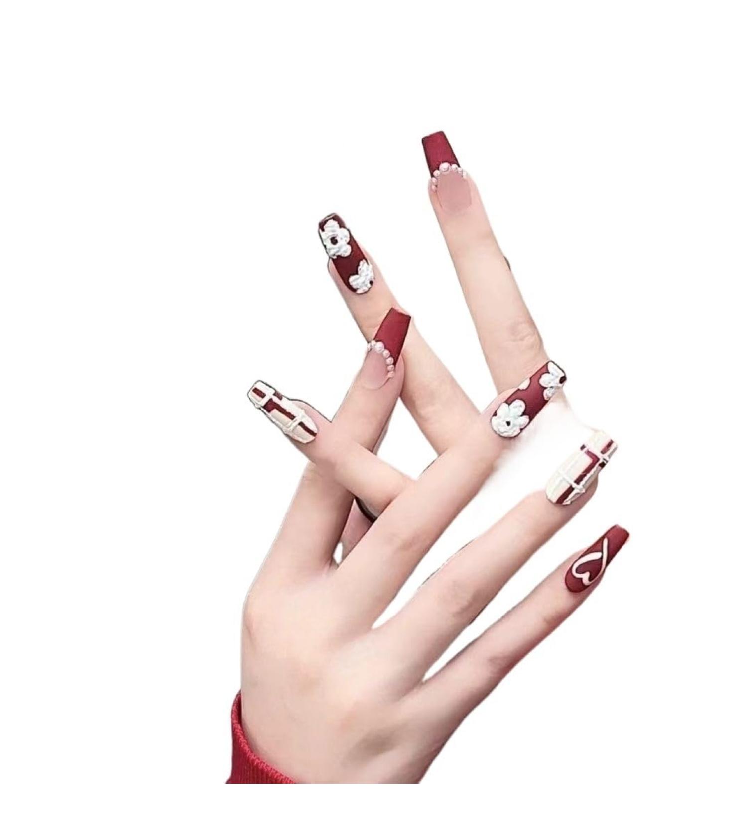 Temperament-enhancing manicure nail dressing retro flower red color finished product love new middle and long nail art white and pure by hand.(S)