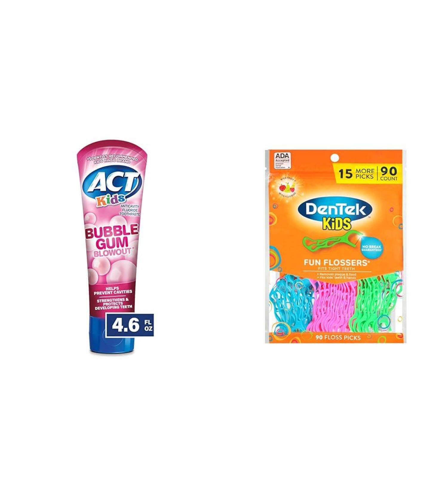 ACT Kids Toothpaste Bubble Gum 4.6oz + DenTek Kids Flossers Wild Fruit 90ct - Buy Online on GoSupps.com