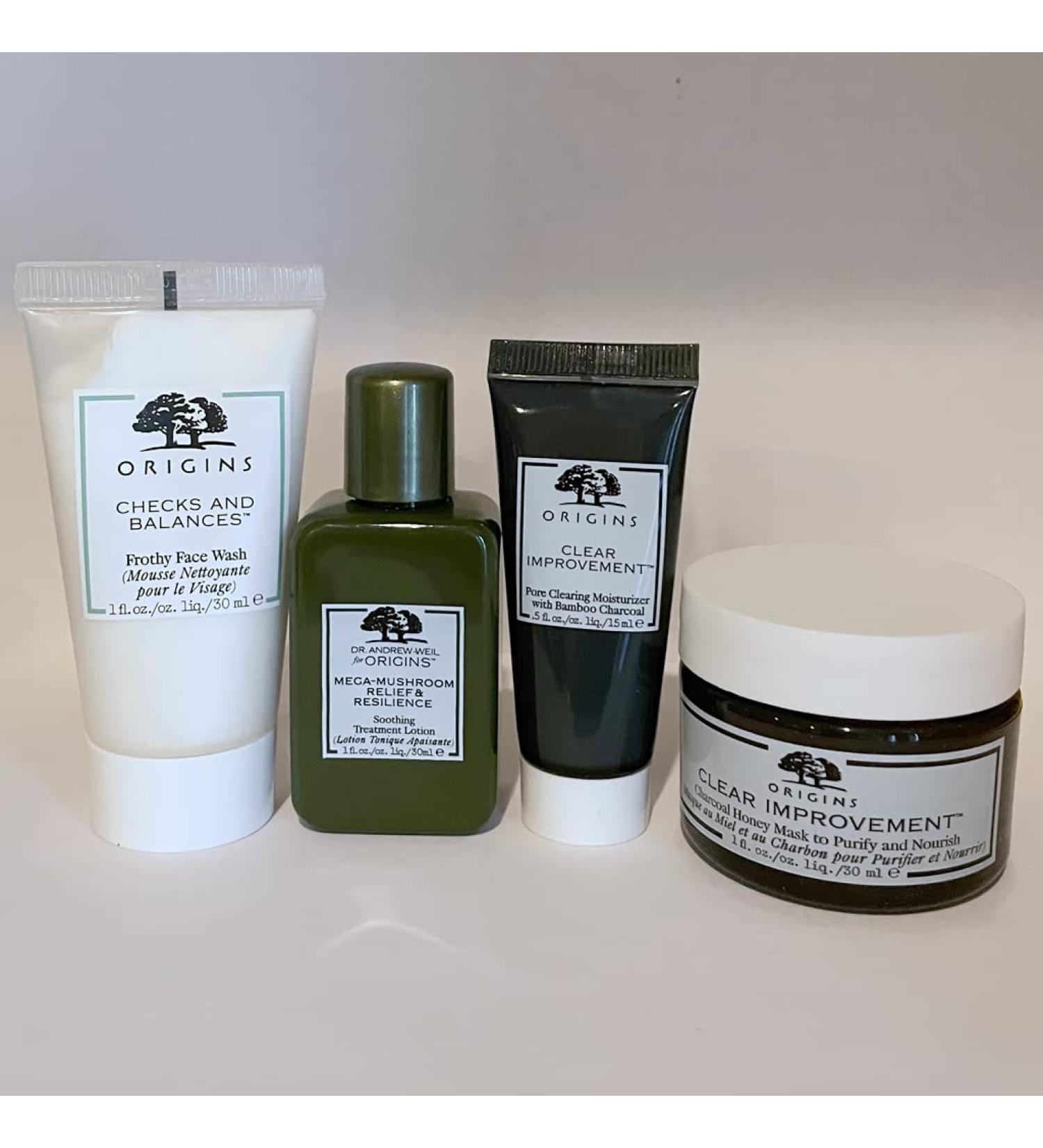 Origins Travel Set: Checks and Balances Face Wash & Mega Mushroom Toner & Clear Improvement Mask & Moisturizer