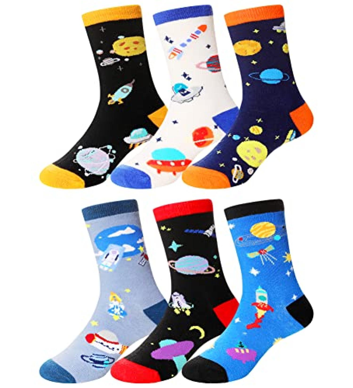 Kids Boy Cotton Crew Socks 6 Pairs - Space Design, Size 6-8 Years - Buy Online on GoSupps.com