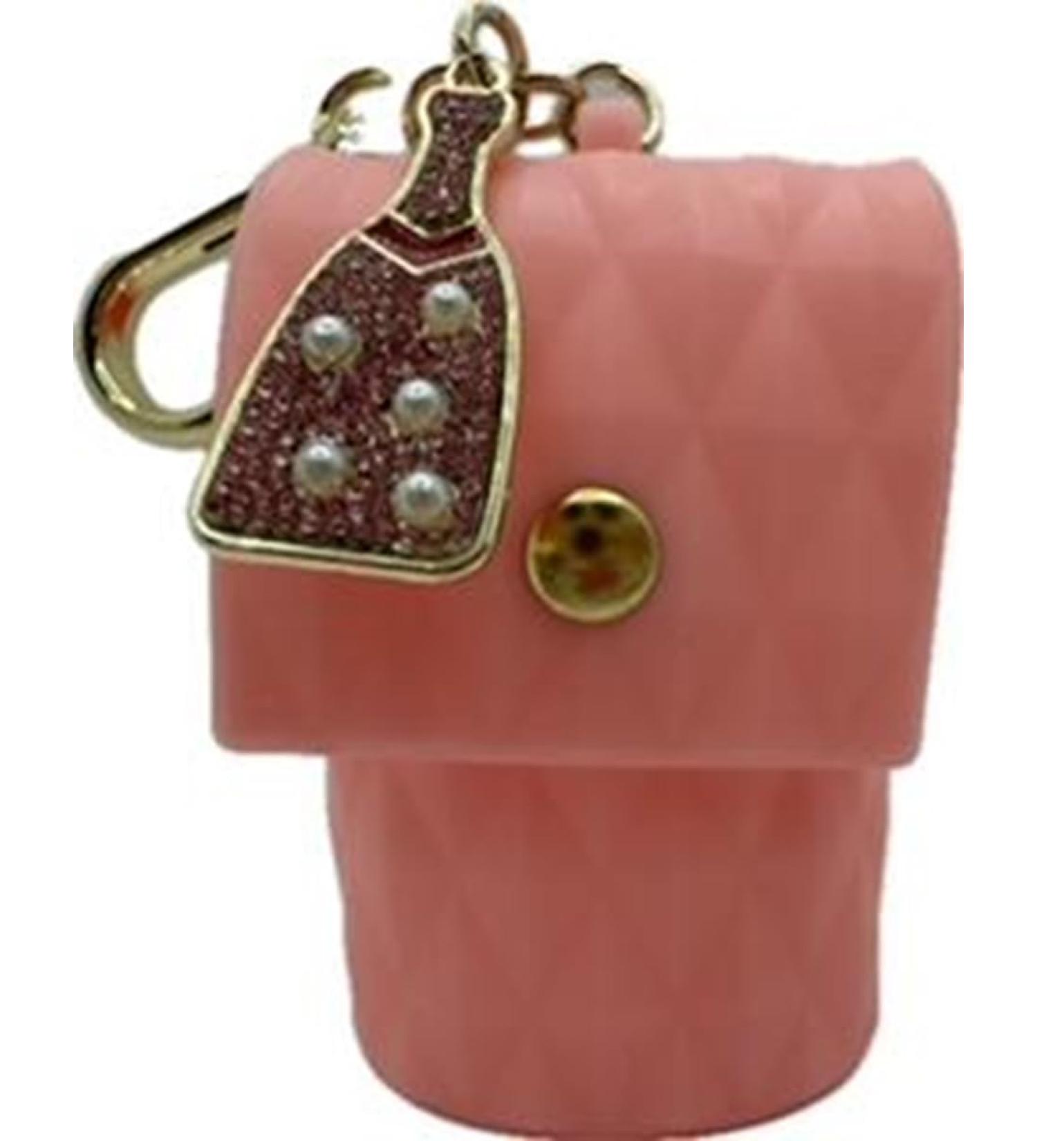 Pink Coral Purse Champagne Bottle Charm Hand Sanitizer Holder - Stylish Clip-On Accessory for Easy Sanitizing | Shop Internationally - Buy Online on GoSupps.com