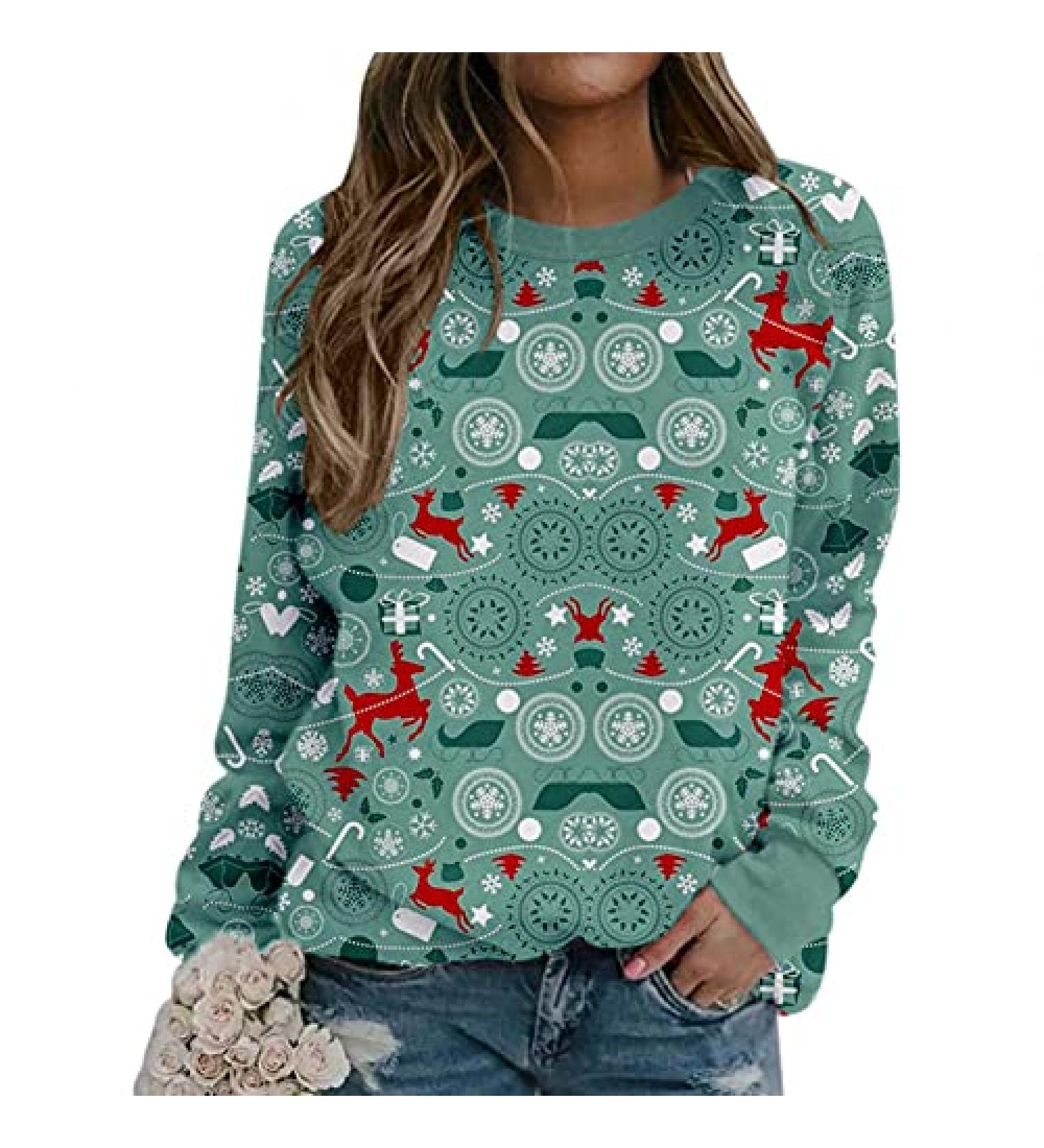 Kiasebu Women's Christmas Crewneck Sweatshirt - Vintage Graphic Long Sleeve Fall Sweater in Green | Small - Buy Online on GoSupps.com