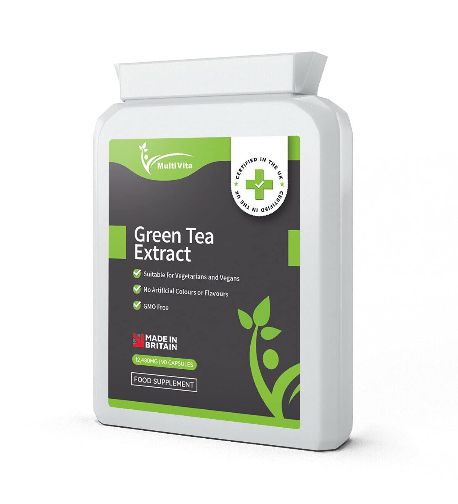 Multivita Green Tea Capsules - 90 x 480mg High Strength Extract - Powerful Antioxidant Supplement - Vegan Friendly - Buy Online on GoSupps.com