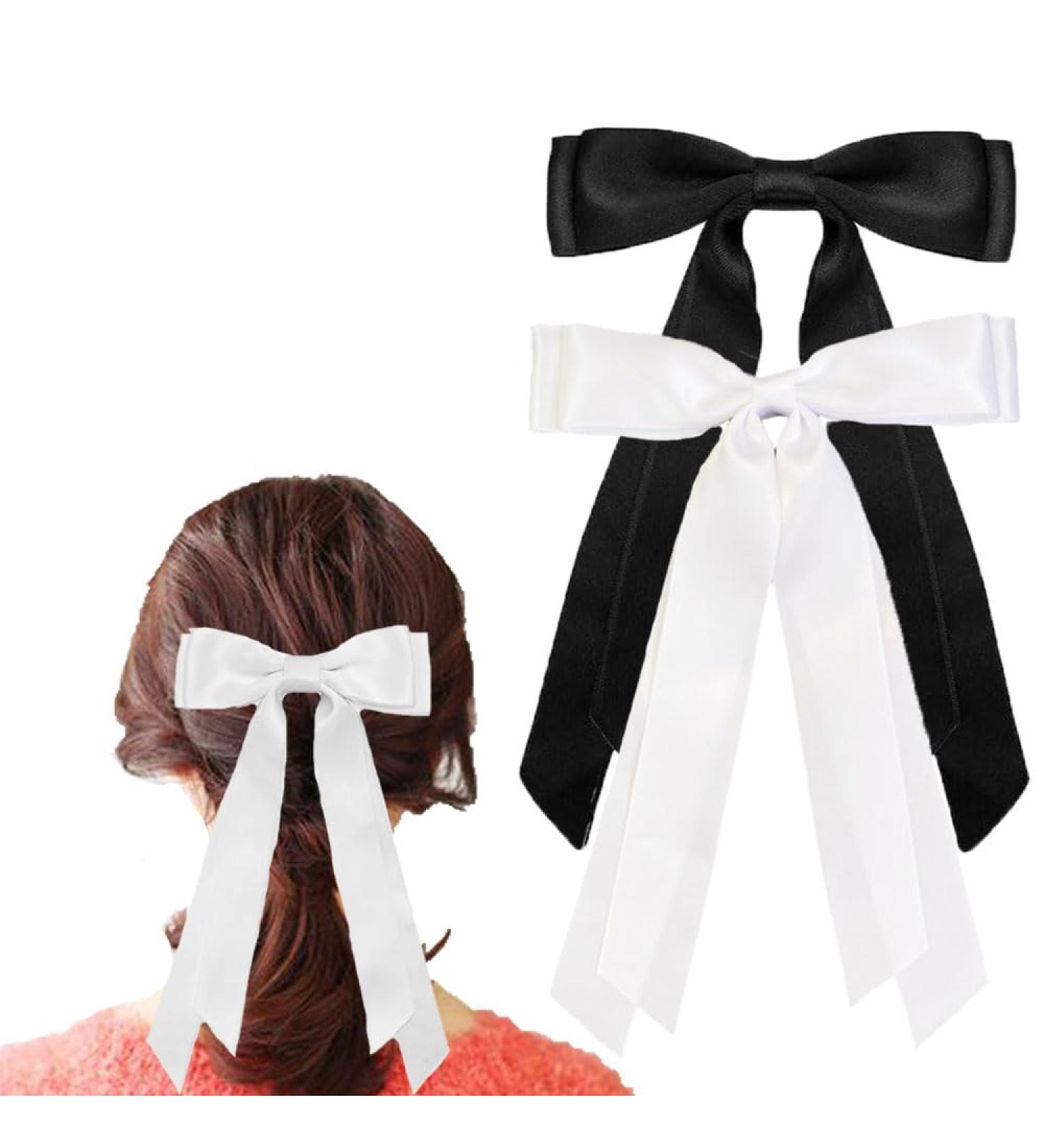Silky Satin Hair Bows Bowknot Hair Ribbon Bow Hair Clips with Long Silky Satin Tail Hair Ribbons Ponytail Holder Hair Accessories for Women Girls Toddlers (Black/White) - Buy Online on GoSupps.com