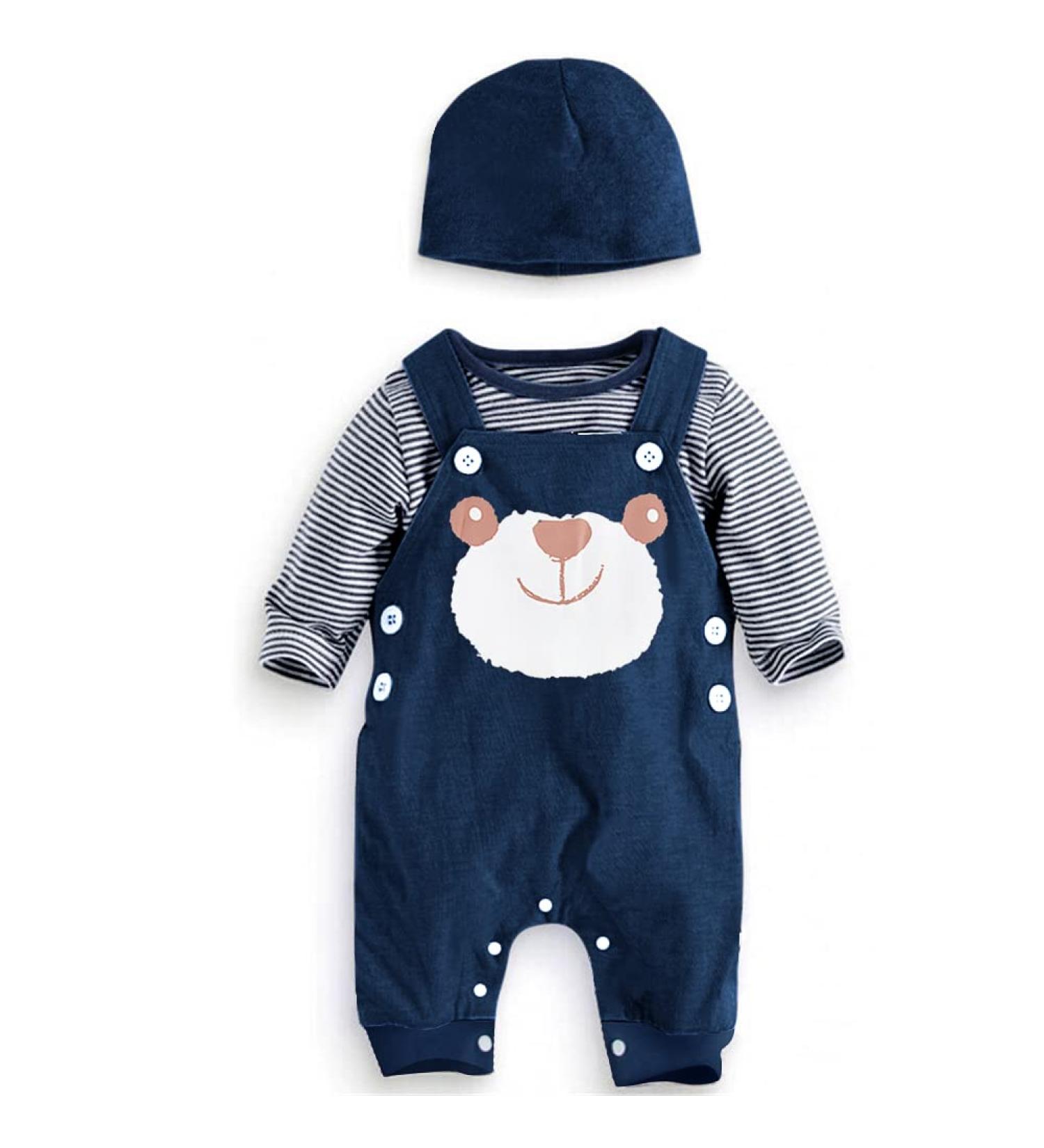 Infant Boys 3pcs Clothing Set | Newborn Romper Outfits Suit | Long Sleeve T-shirt + Dungarees + Hat | Blue | 6-9 Months - Buy Online on GoSupps.com