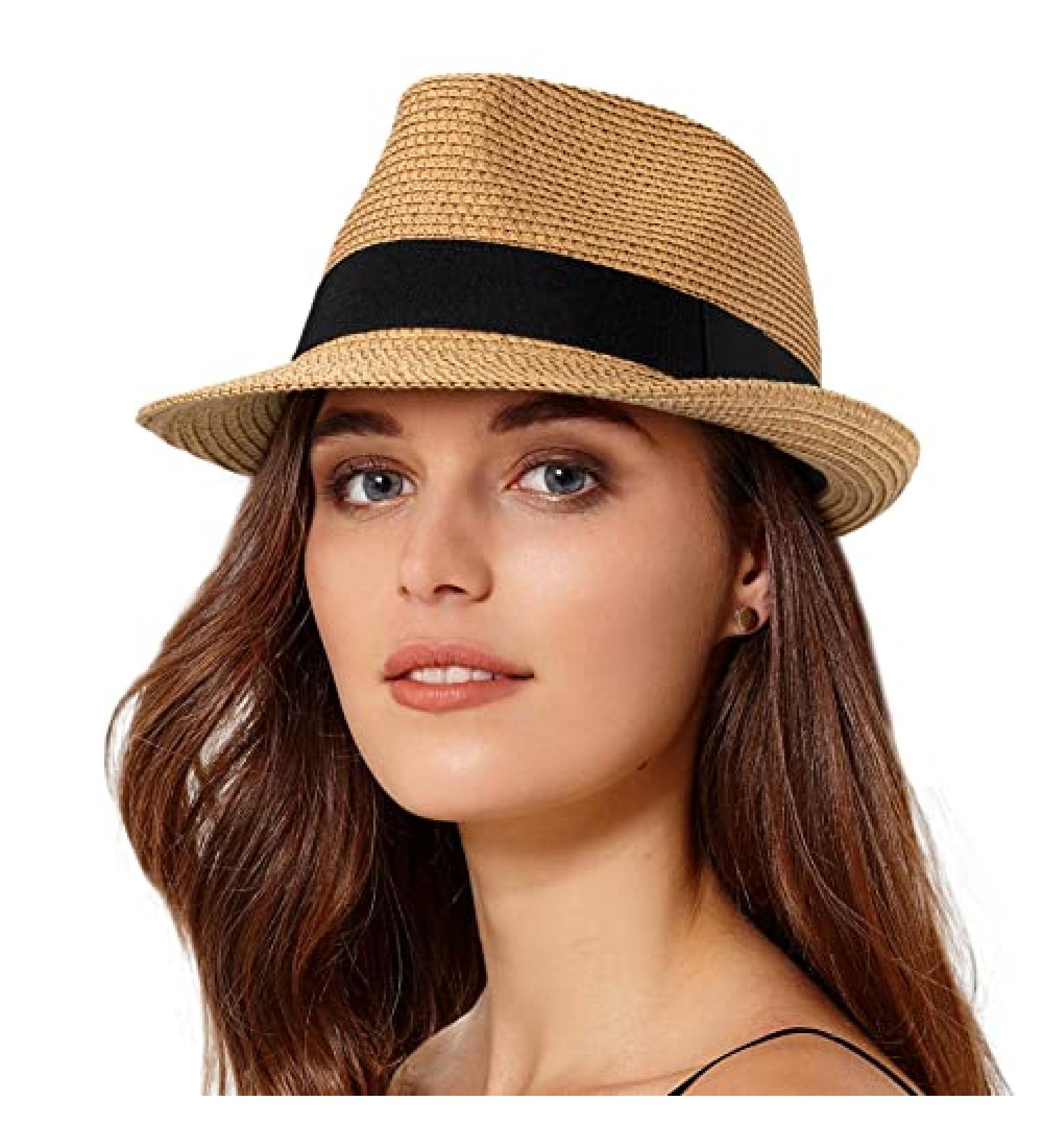 Women's Short Brim Straw Sun Hat Fedora Trilby - Packable Beach Hat in Khaki - Buy Online on GoSupps.com