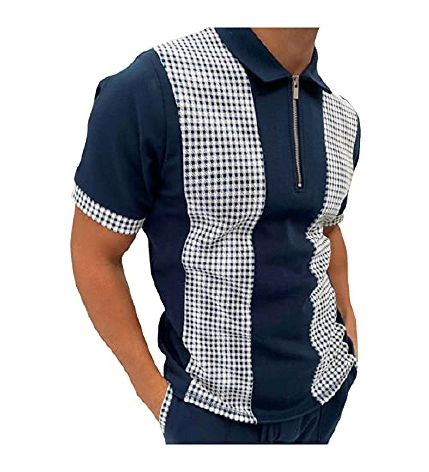 Men's Classic Short Sleeve Polo Shirt Zip Up - Slim Fit Striped Graphic Tee - B-blue XXL - Buy Online on GoSupps.com