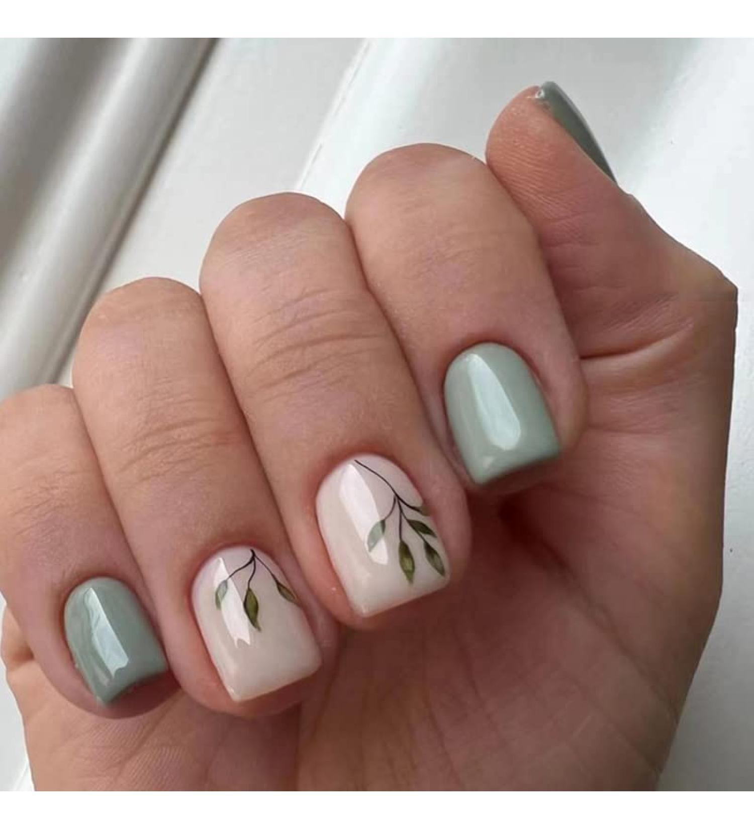 24 PCS Green Leaf Press On Nails - Short Square Glossy False Nails with Leaves Design - Reusable Pink Acrylic Nail Tips for Women & Girls - Buy Online on GoSupps.com