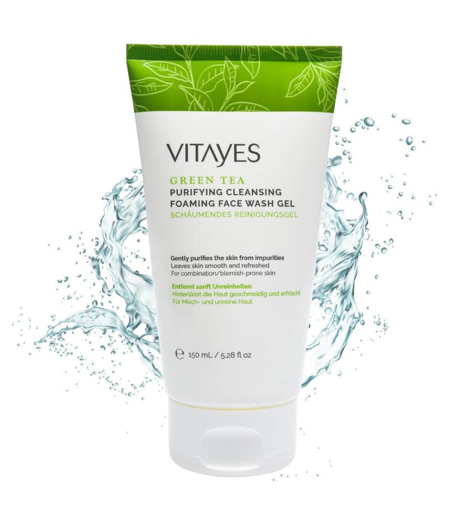 Vitayes Green Tea Face Wash Gel - Ideal for Acne & Blemish-Prone Skin Vegan Thorough Cleansing Without Skin Dryness Free from Silicones and Mineral Oils 150ml - Buy Online on GoSupps.com