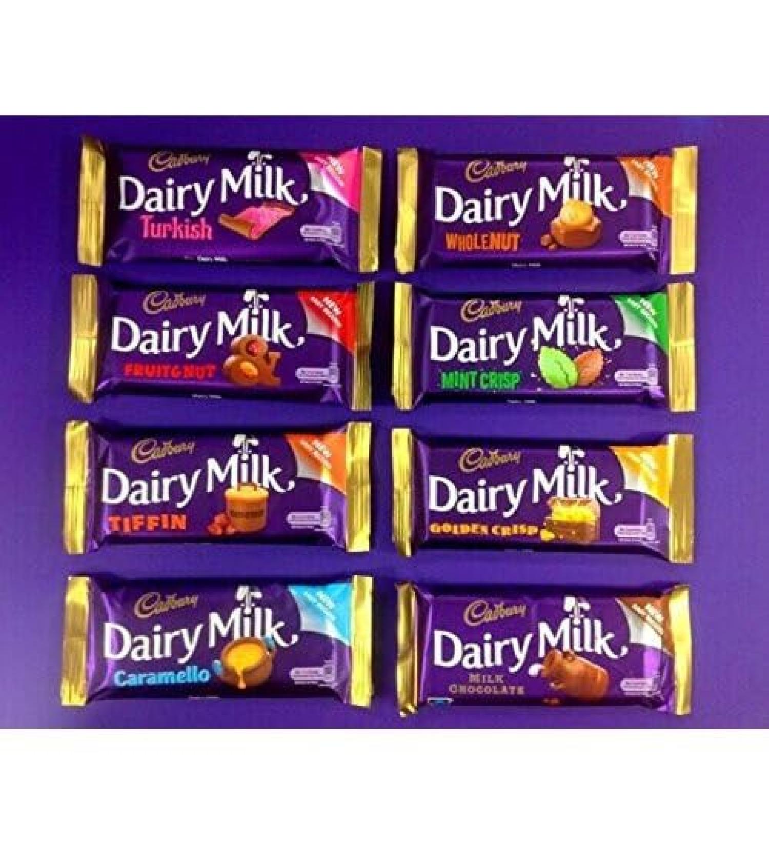 Cadbury Irish Cadbury Dairy Milk Chocolate Tiffin Turkish Delight Mint Crisp Golden Crisp Fruit & Nuts Wholenut Bar & Irish Caramello - 8 Packets