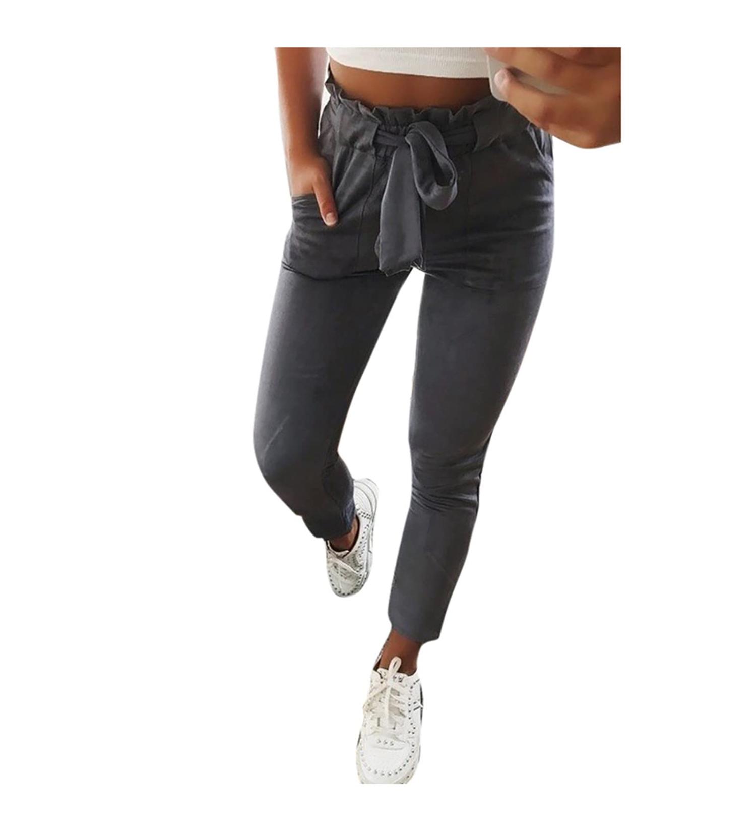 Ronony Ladies Straight Leg Summer Pants - Light Casual Trousers with Bag Hip Belt Regular Fit Comfy Beach Pants - XL Gray - Buy Online on GoSupps.com
