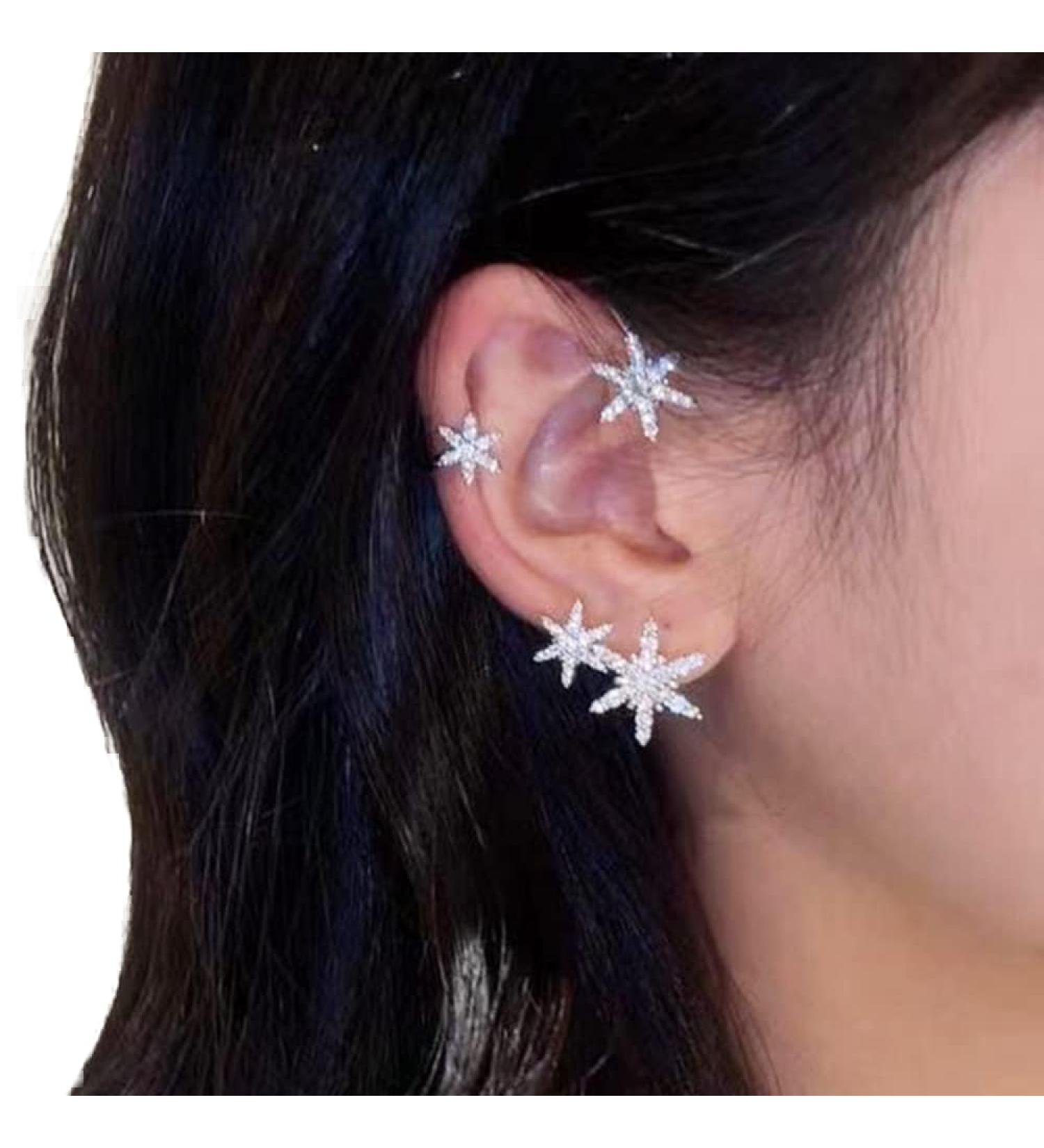 Wiwpar Gold Zircon Star Ear Cuff Earrings | Non-Pierced Rhinestone Wrap Around Climber Earrings for Women & Girls - Buy Online on GoSupps.com