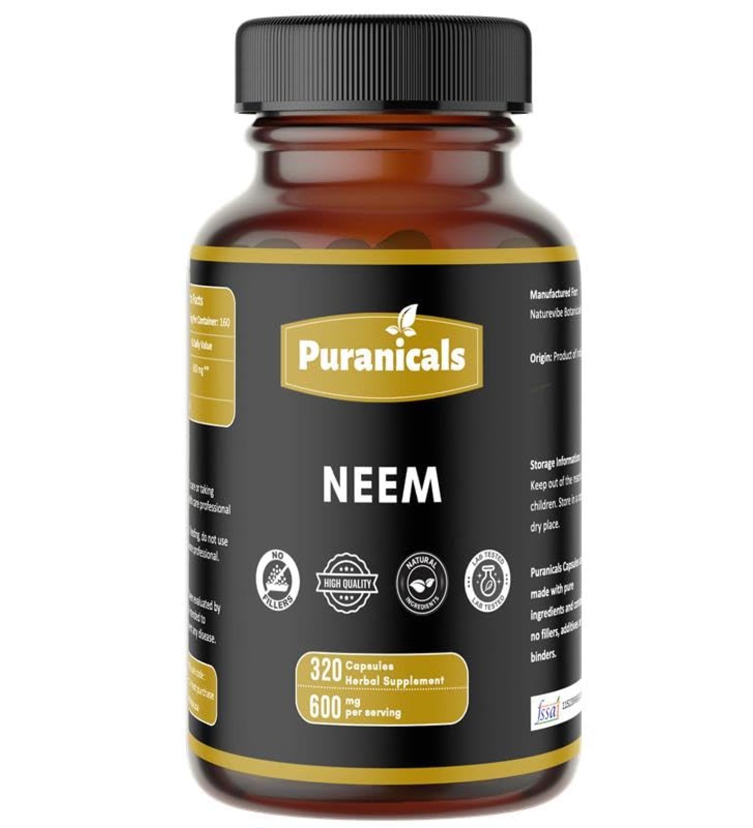 Puranicals Neem Premium 320 Capsules Non GMO and Gluten Free | Herbal Supplement | 600 mg Per Serving | Made with 100% Pure Herb Neem Powder - Buy Online on GoSupps.com
