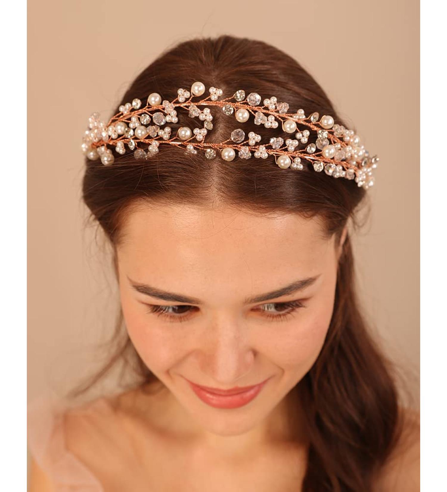 Kercisbeauty Wedding Bridal Pearl and Crystal Hair Tiaras Boho Cute Beaded Princess Crown Banquet Party Special Occasion Handmade Jewelry for Women Girls Gold - Buy Online on GoSupps.com