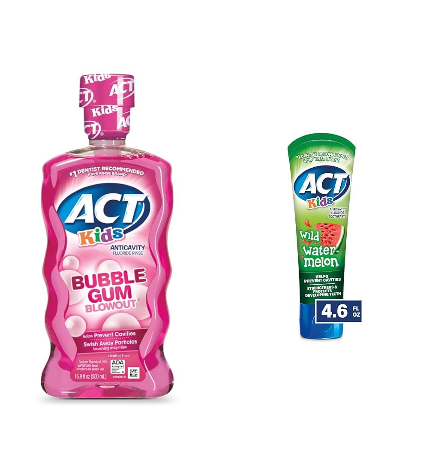 ACT Kids Anticavity Fluoride Rinse Bubble Gum 16.9oz & Toothpaste Wild Watermelon 4.6oz - Buy Online on GoSupps.com