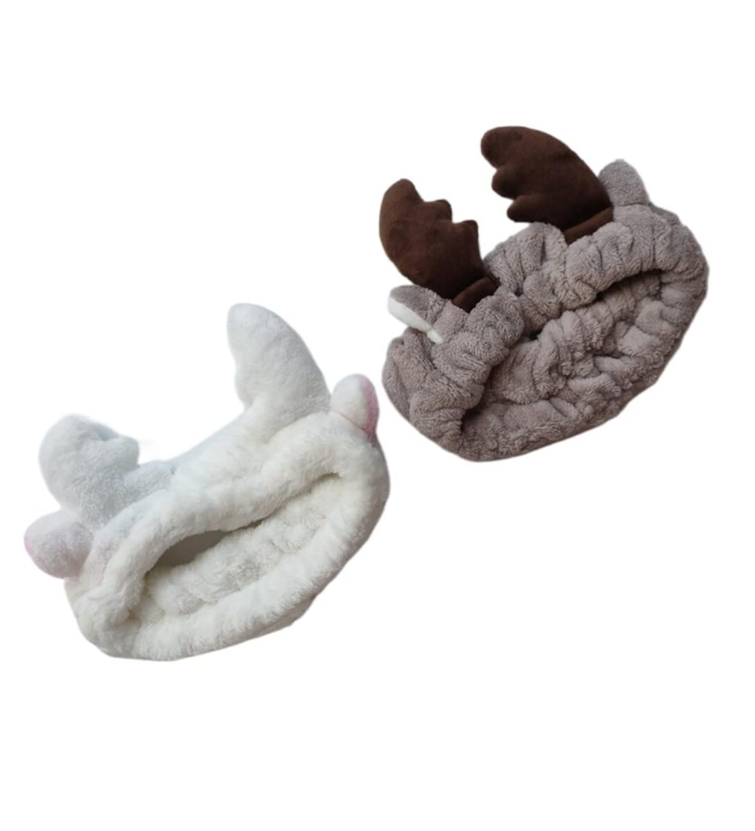 Jilukibo 2 Pack Deer Antler Cat Ear Headband for Women - Soft Elastic Hair Band for Makeup, Washing Face, Shower, Yoga, Spa - White Brown - Buy Online on GoSupps.com