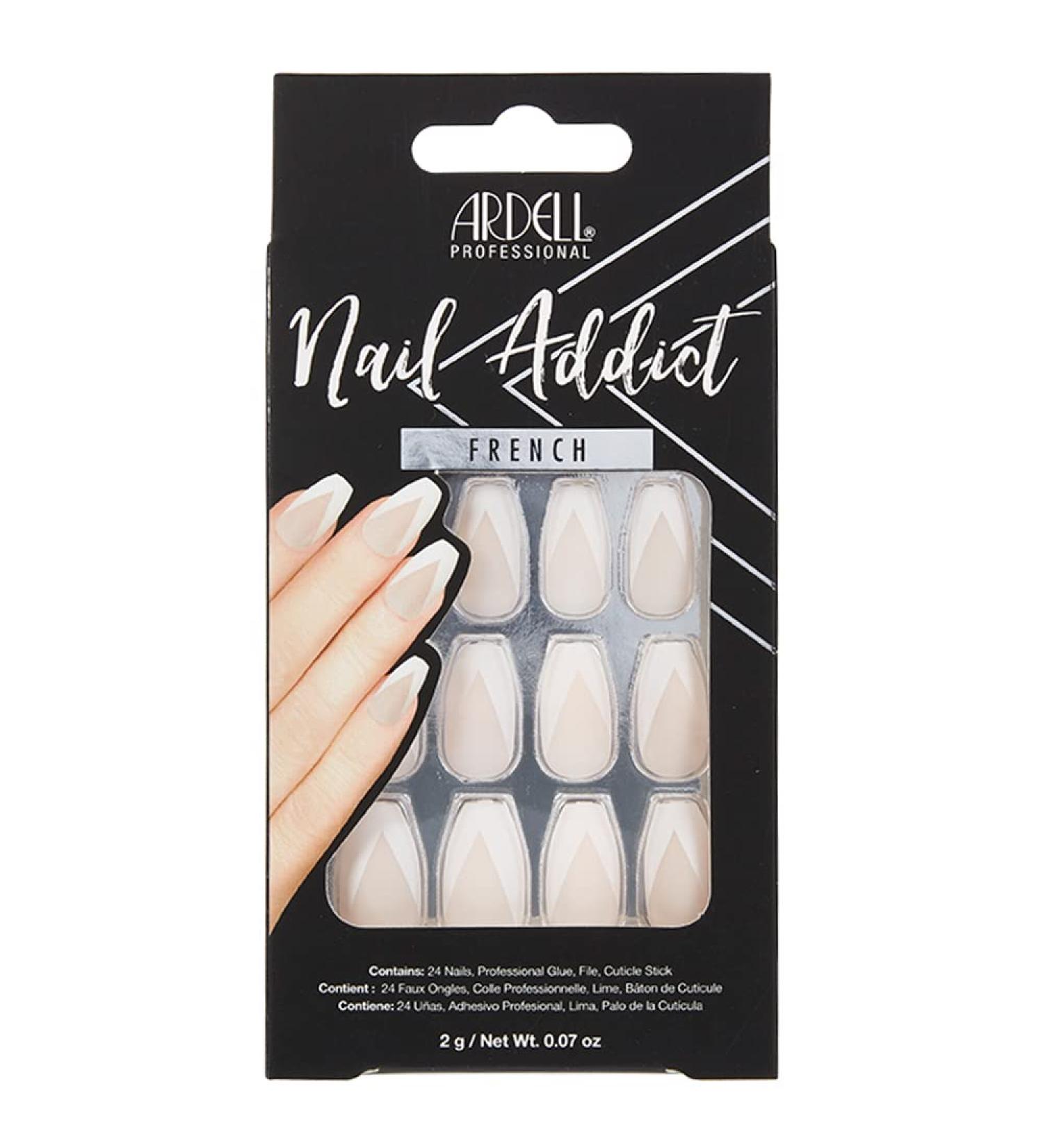 Ardell Nail Addict - Modern French Style | 24 Press-On Artificial Nails with Glue & File | Long Tip Fake Nail Set for Beautiful Fingernails - Buy Online on GoSupps.com