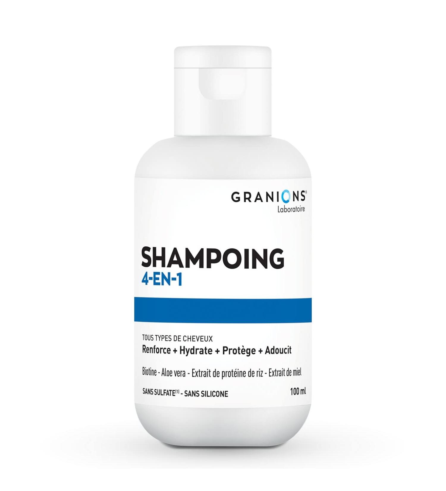 GRANIONS - 4-IN-1 SHAMPOO - All hair types Strengthens + Hydrates + Protects + Softens Biotin - Aloe vera - Rice protein extract - Honey extract Travel size 100 ml - Buy Online on GoSupps.com