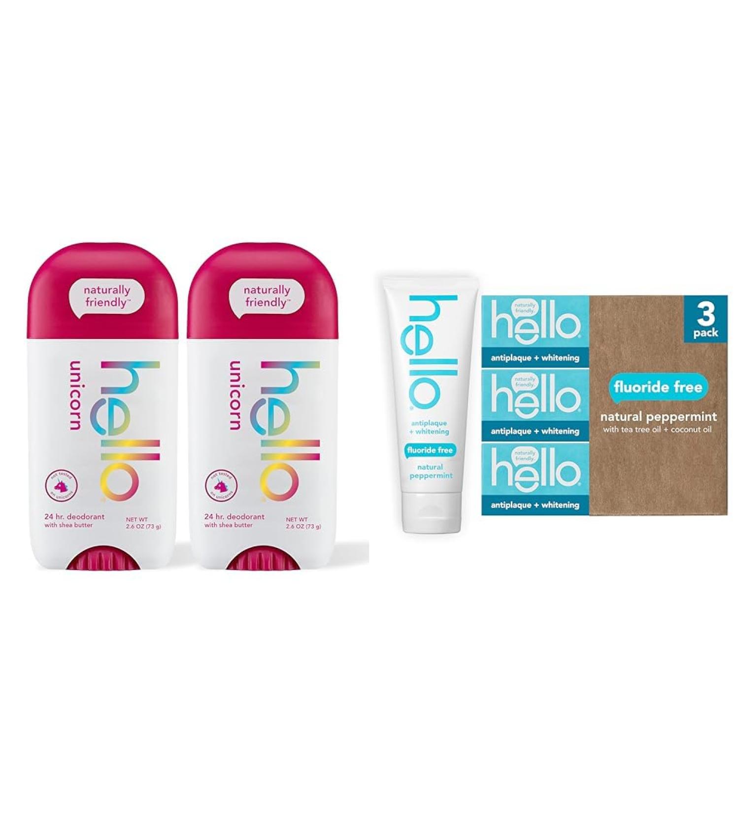hello Unicorn Aluminum Free Deodorant for Women & Antiplaque Toothpaste Fluoride Free for Teeth Whitening with Natural Peppermint Flavor and Tea Tree Oil Peroxide Free Gluten Free Pack + Toothpaste Antiplaque Unicorn 2pk - Buy Online on GoSupps.com