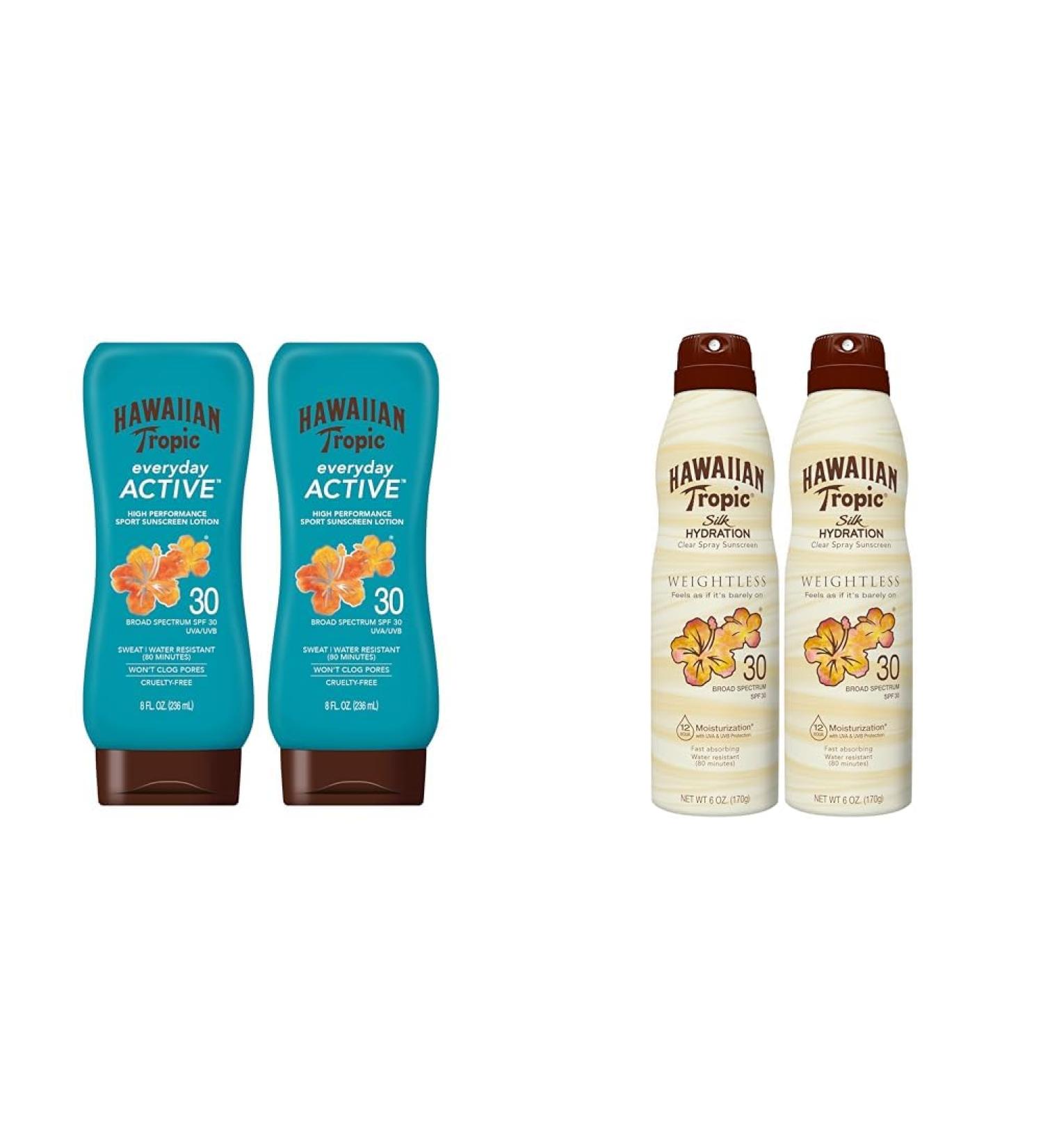 Hawaiian Tropic Everyday Active Lotion Sunscreen SPF 30 Twin 8oz Pack and Weightless Hydration Clear Spray Sunscreen SPF 30 Twin 6oz Pack - Buy Online on GoSupps.com