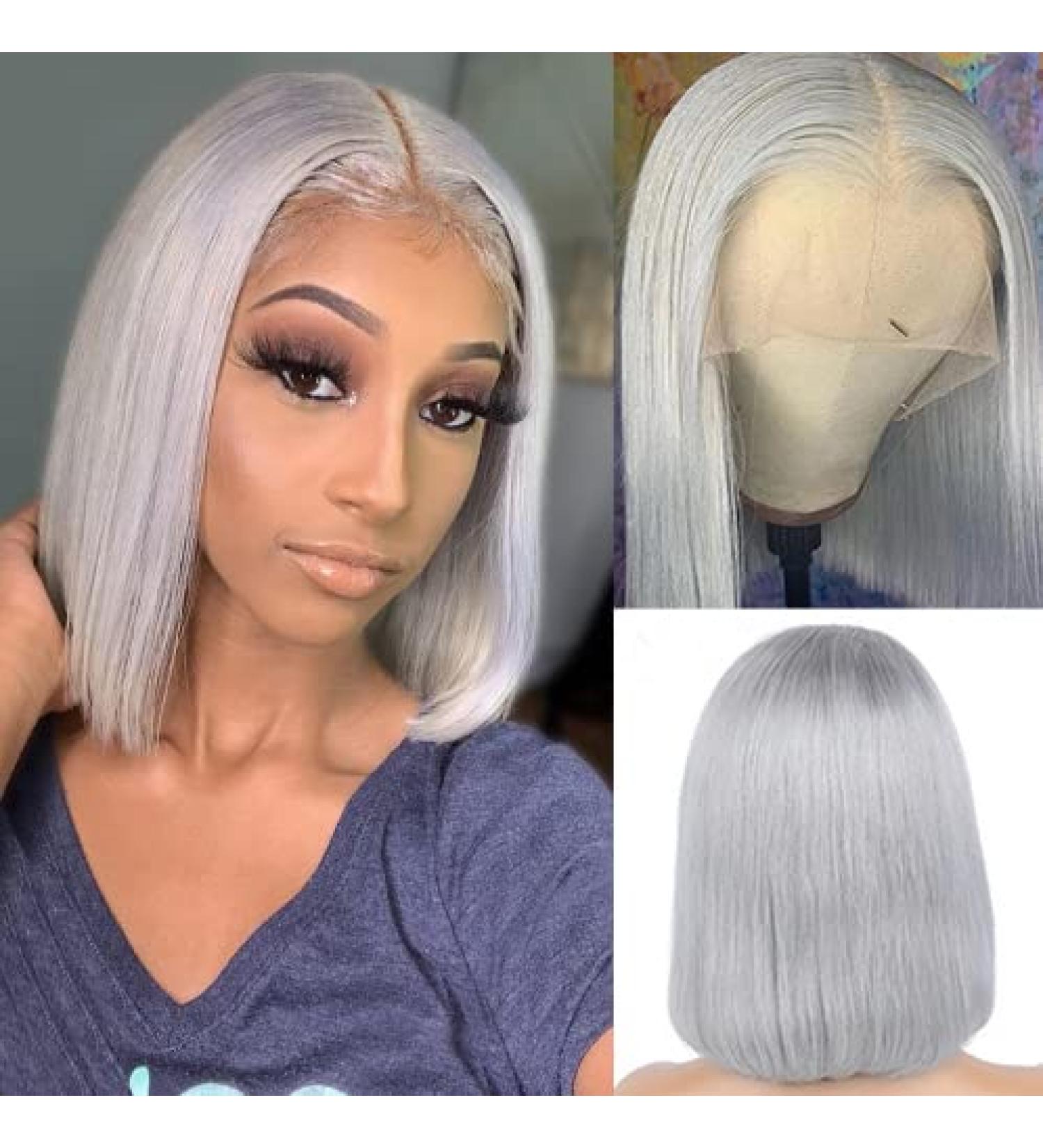 Smartinnov Grey Bob Human Hair Wig 8 Inch | T Part Lace Front Brazilian Remy Hair | Pre Plucked Natural Hairline | 180% Density | Short Bob Wig for Women - Buy Online on GoSupps.com