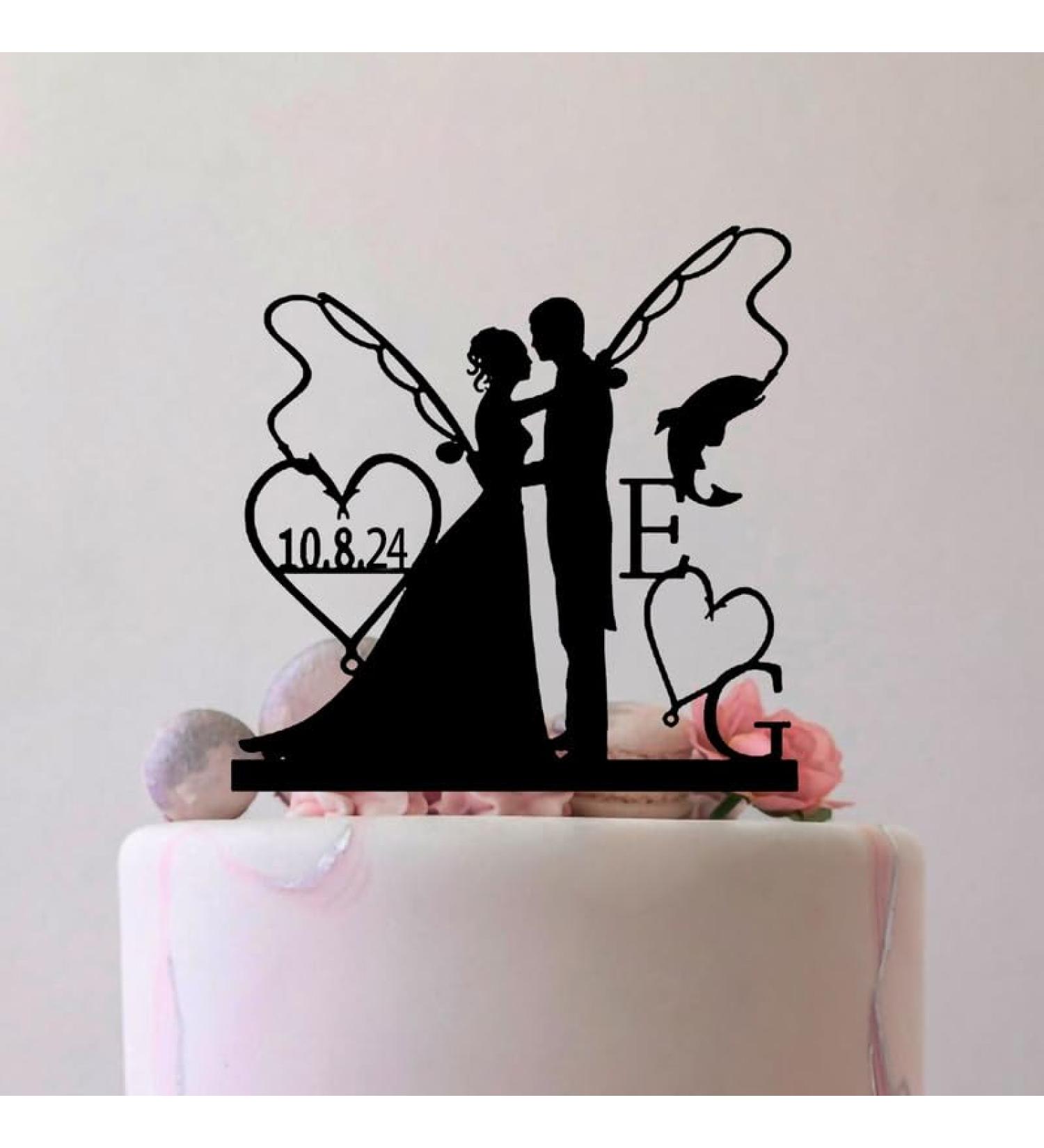 Mr Mrs With Bride And Groom Cake Topper Fishing Poles With Date Initials Standard Acrylic Wedding 7.8 Inch Acrylic Or Wood Material Option Bride and Groom Fishing Poles - Buy Online on GoSupps.com