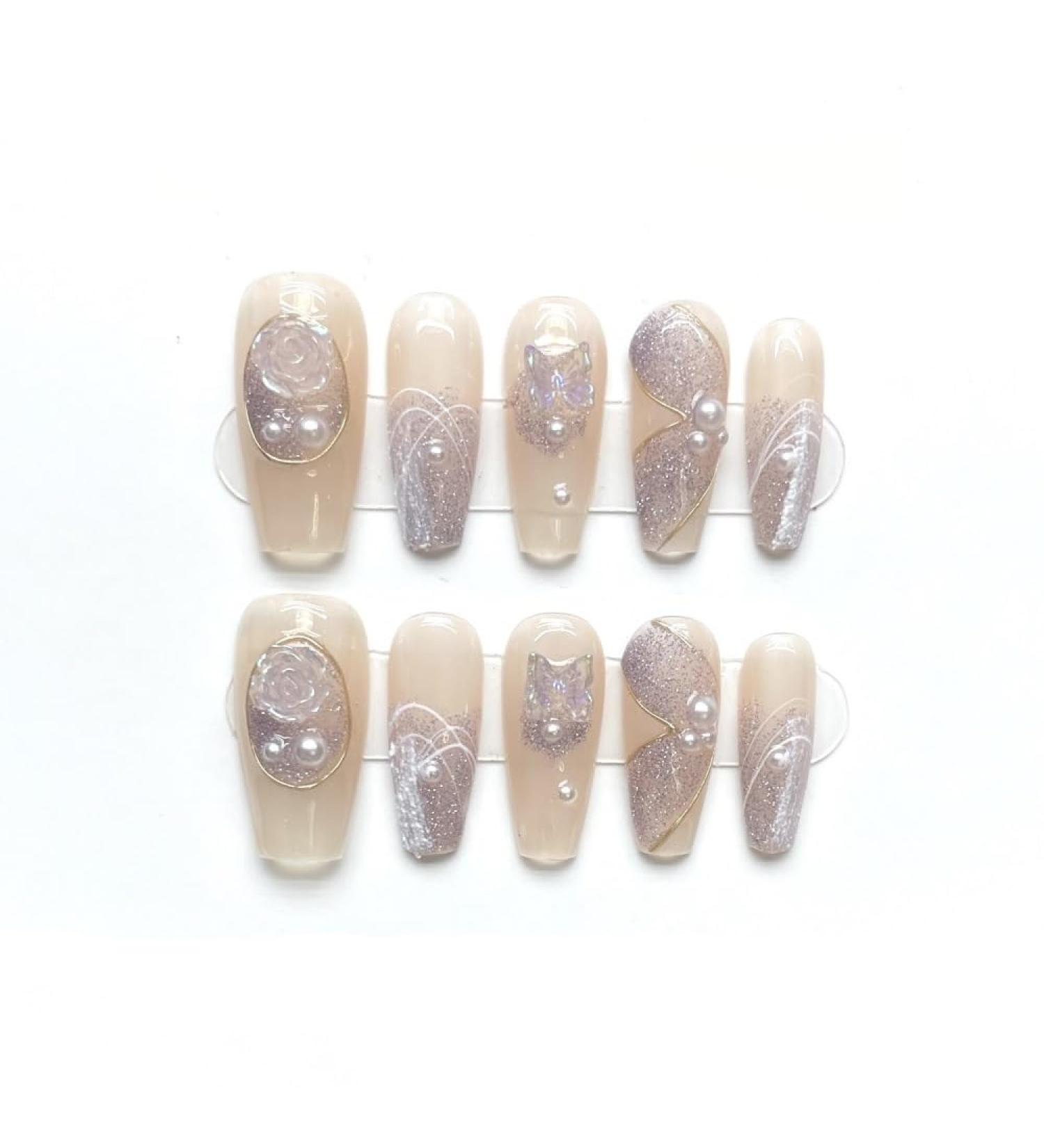 Handmade Wearing Armor Detachable Pink Heart Sparkling Cat Eyes Repeated Use of False Nails(Champagne XS) - Buy Online on GoSupps.com