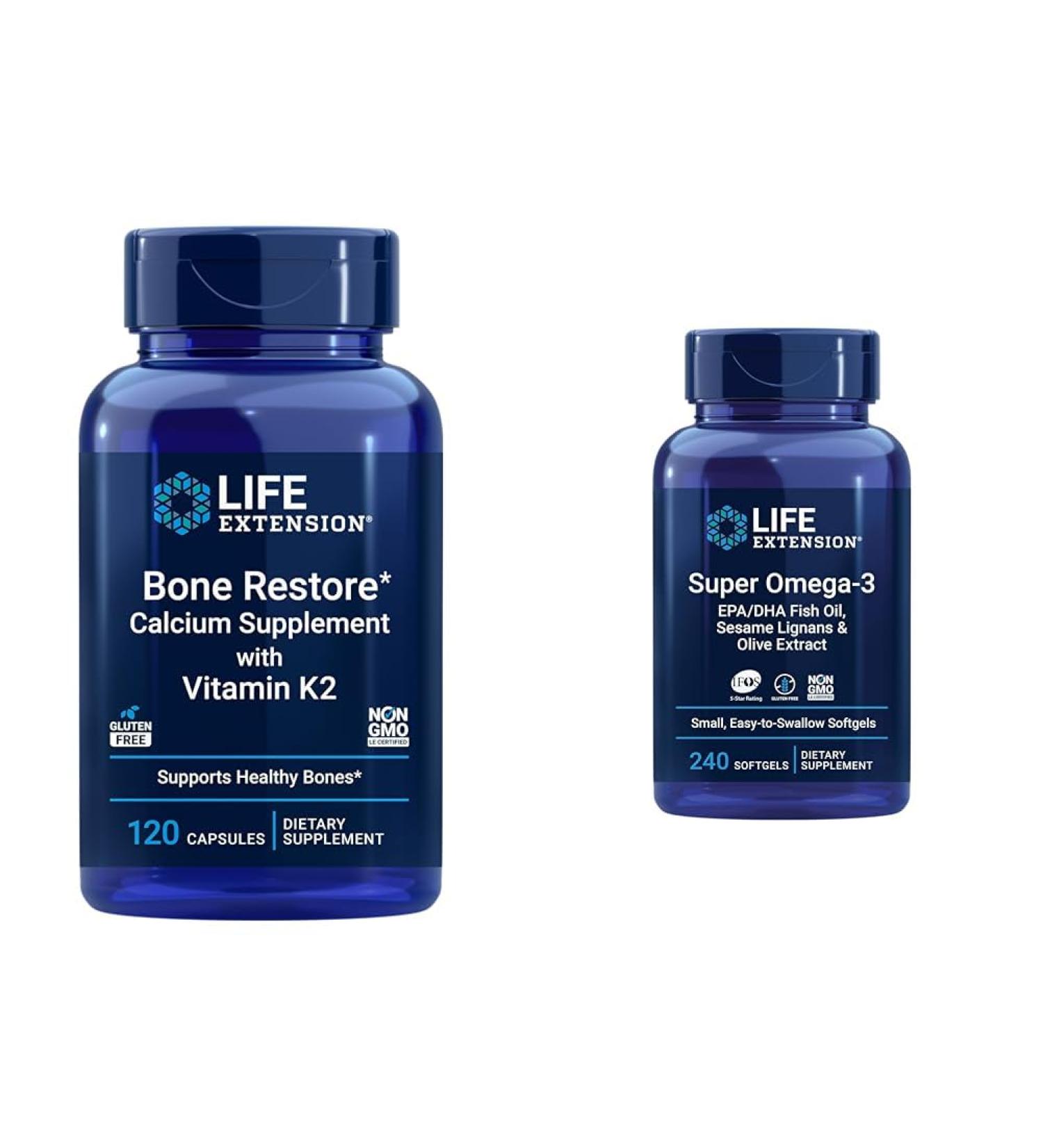 Life Extension Bone Restore + Vitamin K2 Vitamins & Minerals Maintain Bone Health & Strength & Super Omega-3 EPA/DHA Fish Oil Sesame Lignans & Olive Extract - Buy Online on GoSupps.com