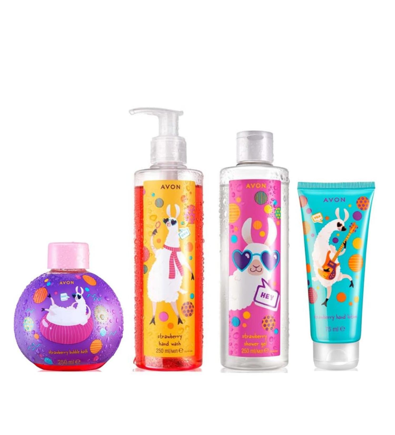 Avon Llama Mama Childrens 4 piece Strawberry Scented Bathtime set - Bubble Bath Shower Gel Handwash and Handcream - Buy Online on GoSupps.com