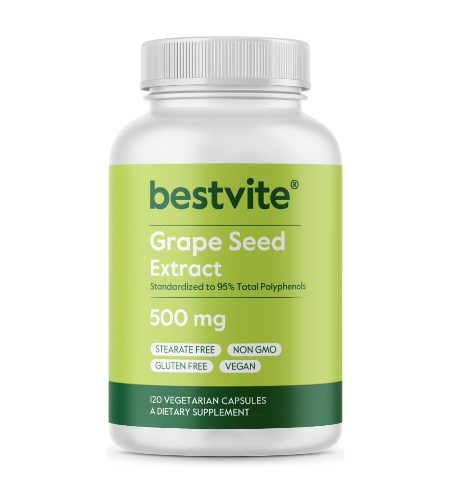 BESTVITE Grape Seed Extract 500mg (120 Vegetarian Capsules) - No Fillers - No Stearates - Vegan - Non GMO - Gluten Free - Standardized to 95% Total Polyphenols - Buy Online on GoSupps.com