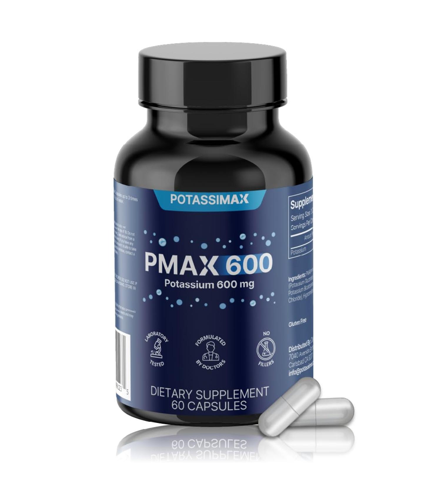 PotassiMax PMAX600 Potassium Supplement 600mg 4-Type Potassium Blend with Citrate Gluconate Bicarbonate & Chloride High Absorption Capsules for Electrolyte & Kidney Health Support (30 Servings) - Buy Online on GoSupps.com