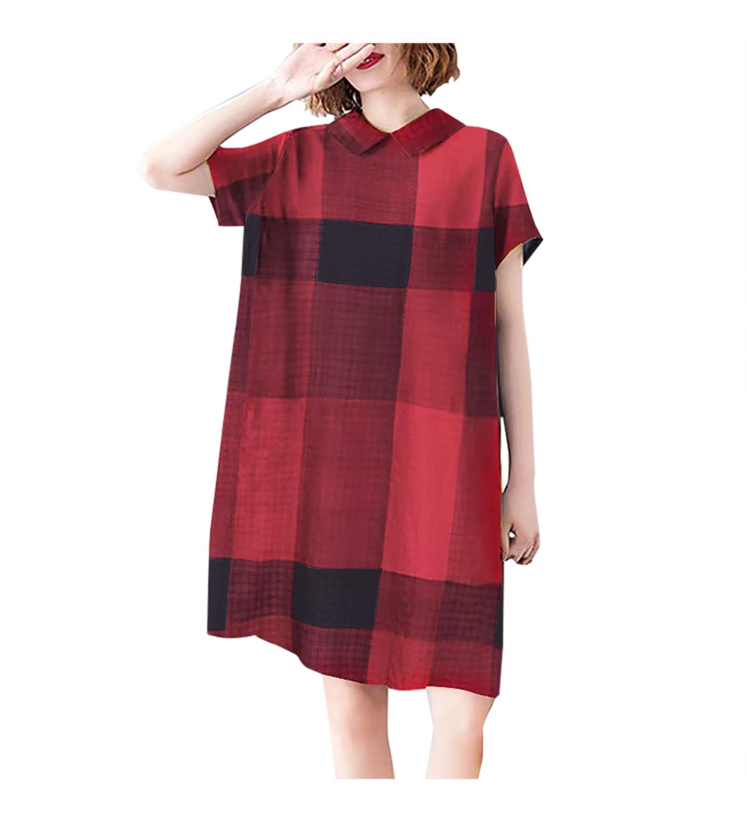 Red Plaid Print Knee-Length Summer Dress with Pockets - XX-Large - Buy Online on GoSupps.com