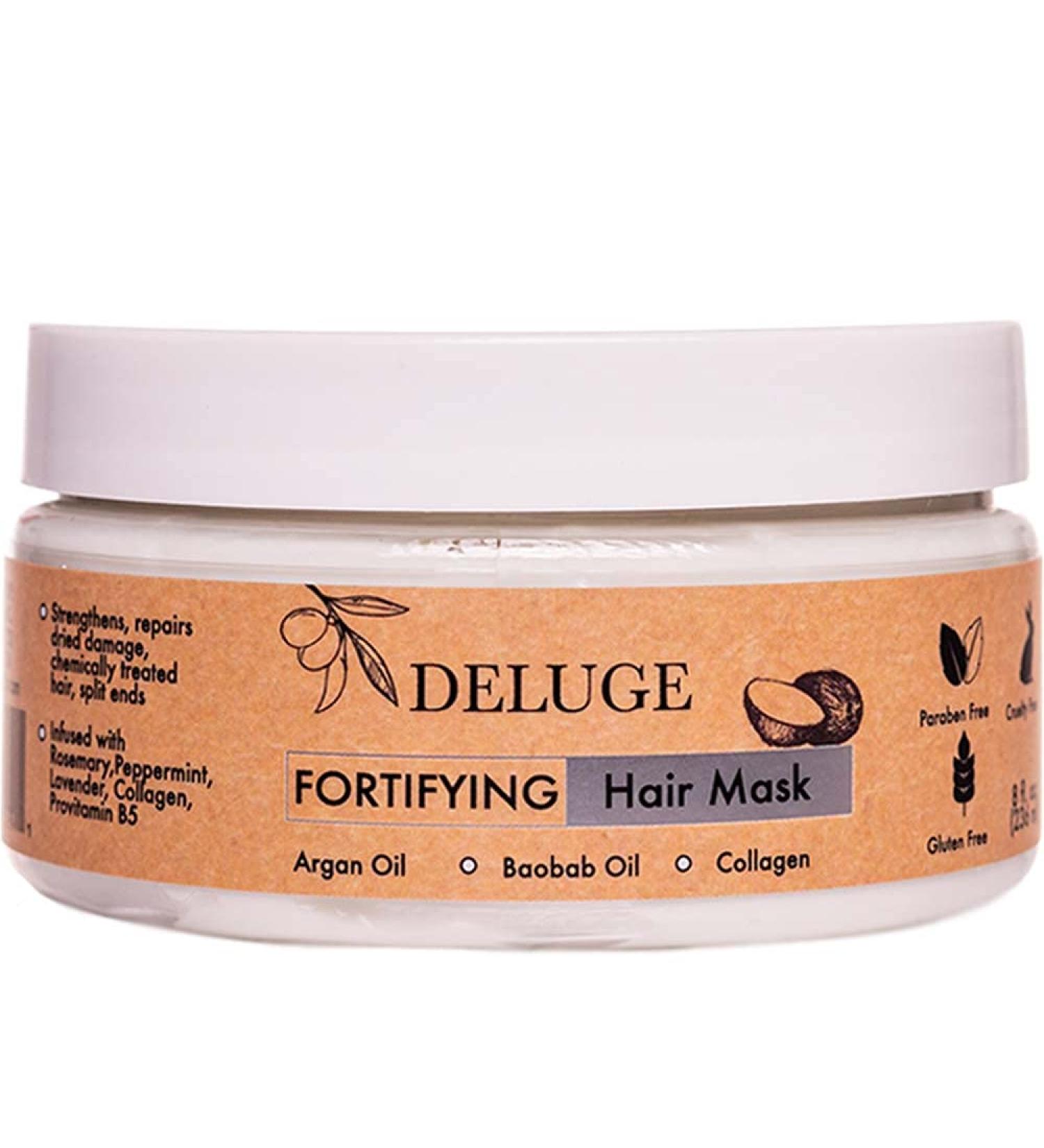 DELUGE Fortifying Hair Mask - Argan Oil Intensive Repair Treatment for Dry, Damaged, Chemically Treated Hair - All Natural, Organic, Vegan Formula with Coconut Oil & Baobab Oil - Buy Online on GoSupps.com