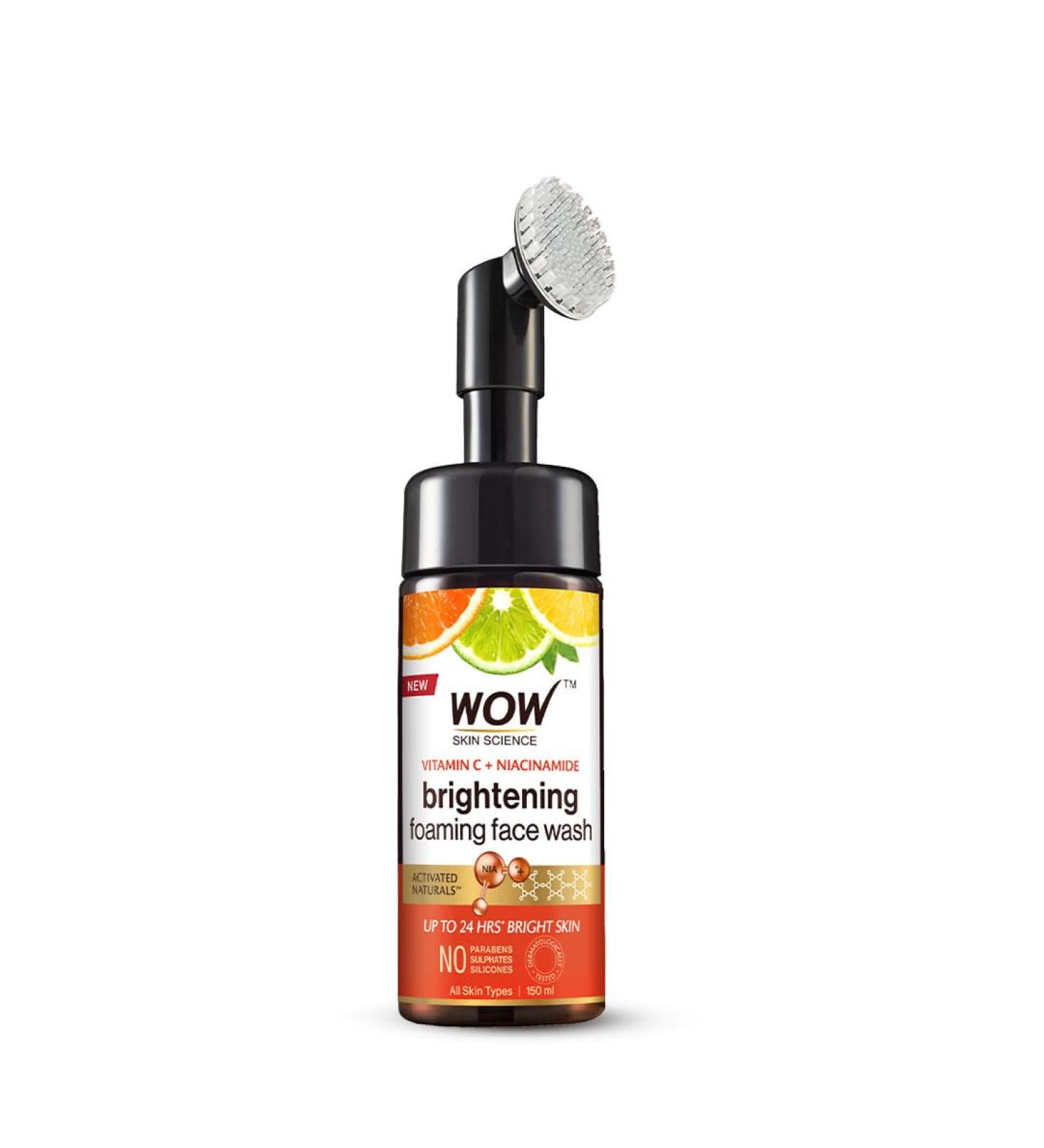 WOW Skin Science Brightening Vitamin C Foaming Face Wash with Built-In Face Brush for deep cleansing - No Parabens Sulphate Silicones & Color - 100mL - Buy Online on GoSupps.com
