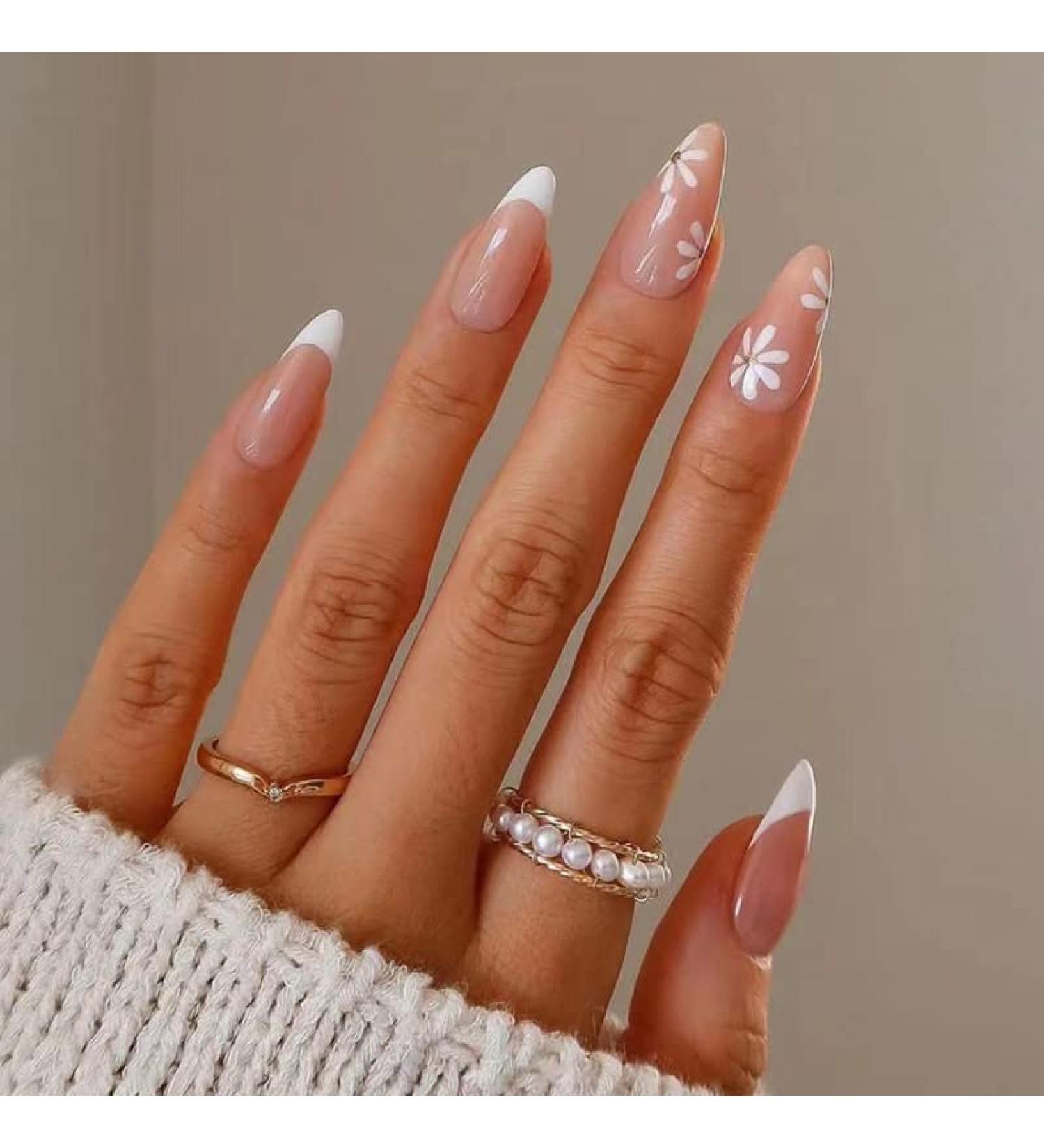 24 Pieces Almond Press On Nails - Multi-Color French Wave Patterns | Short Oval False Nails for Women | Nude Swirl Artificial Nails with Glue - Buy Online on GoSupps.com