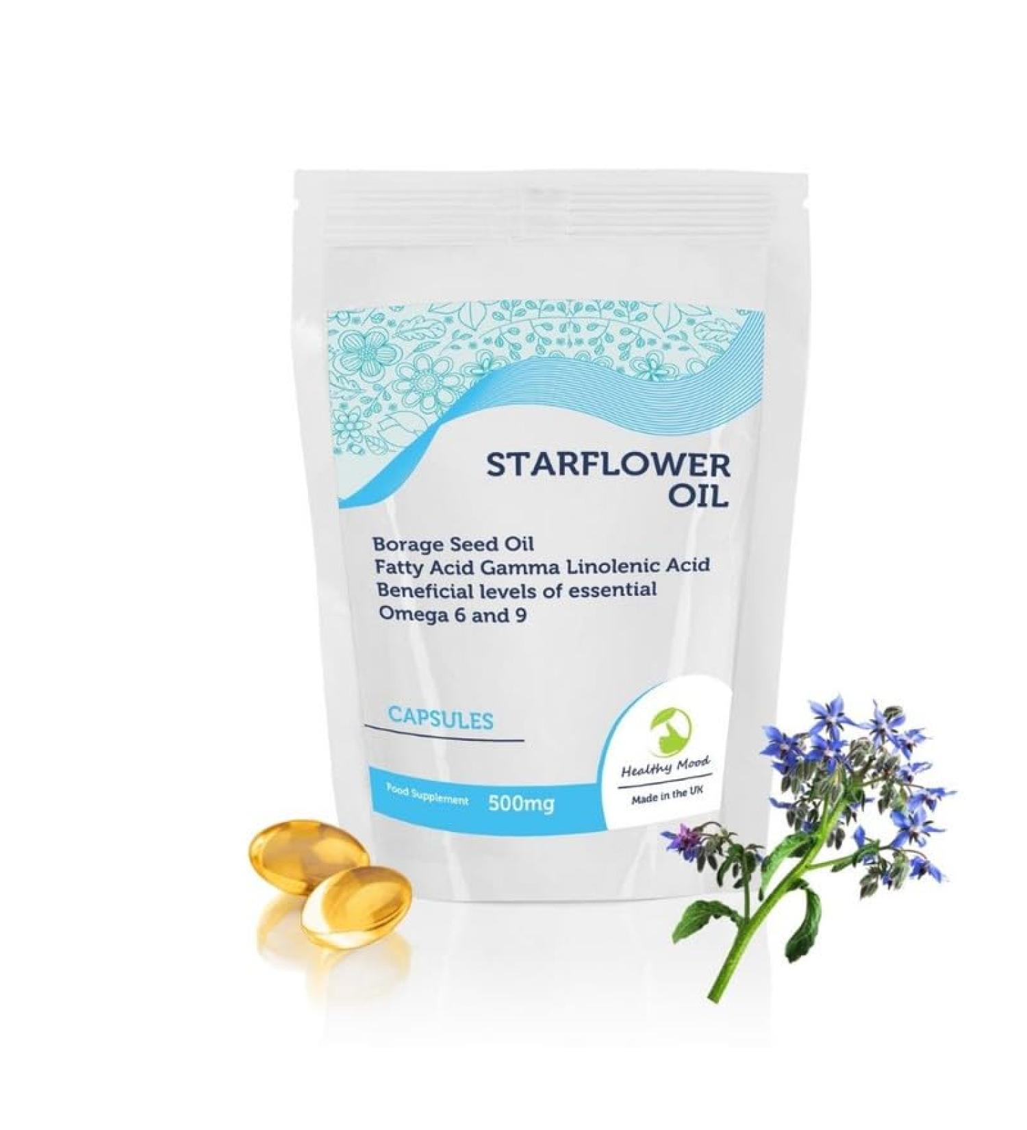 STARFLOWER Oil Borage Seed Oil Linolenic Acid 500mg GLA 60 Capsules - Choose Your Packet Size - LetterBox Friendly UK Fast Delivery - Buy Online on GoSupps.com