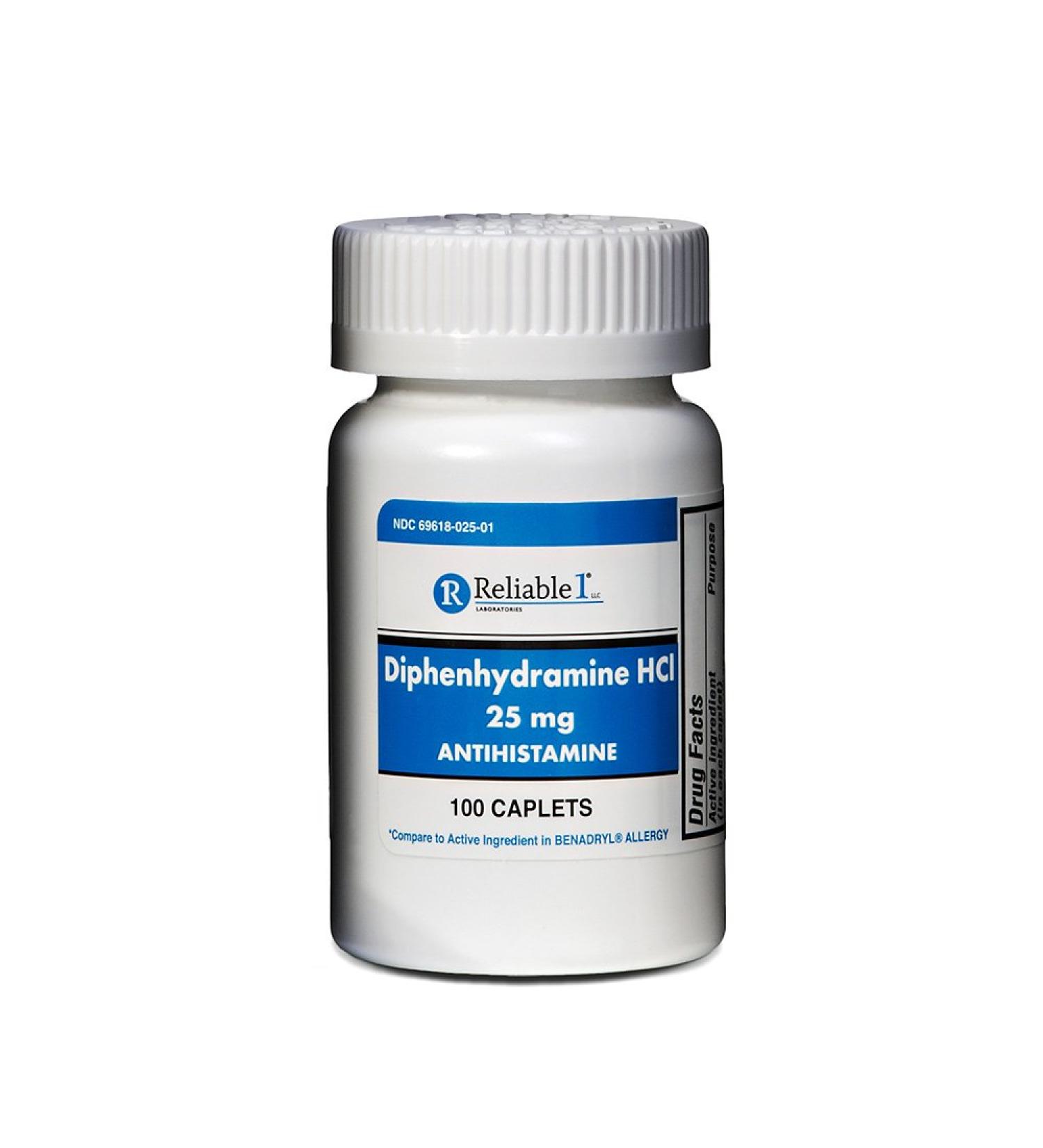 Reliable 1 Diphenhydramine HCI 25mg Antihistamine 100 Caplets (1 Bottle)