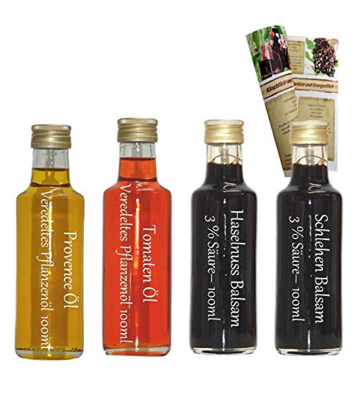 Oil/vinegar gift set & trial set |2 x 100ml vinegar + 2 x 100ml oil |Tomato oil - Provence oil - Haselnut balm - Sloe Balam |With recipe brochure