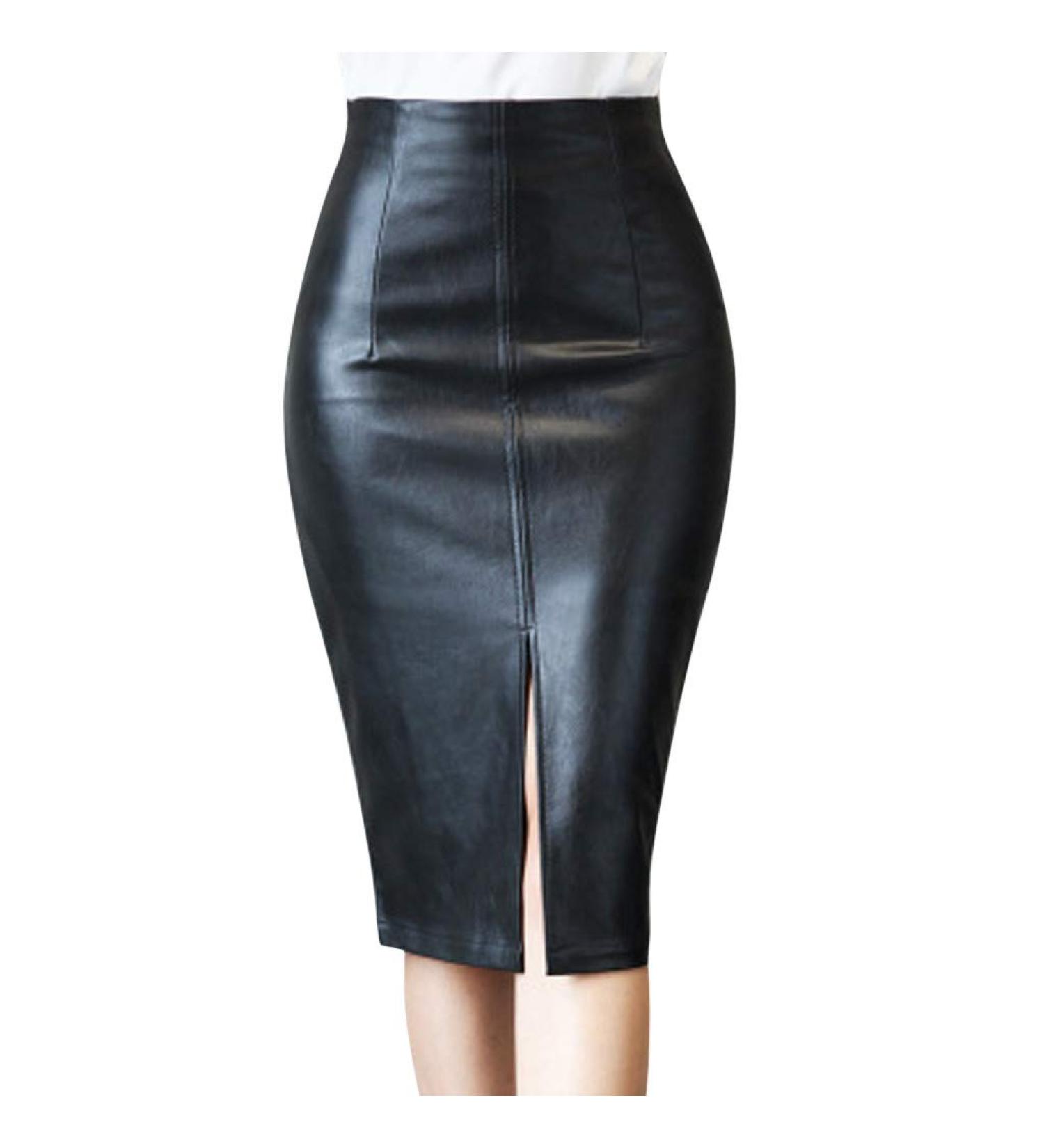 Sanahy Women's Faux Leather High Waisted Split Midi Skirt XXL Black - Buy Online on GoSupps.com