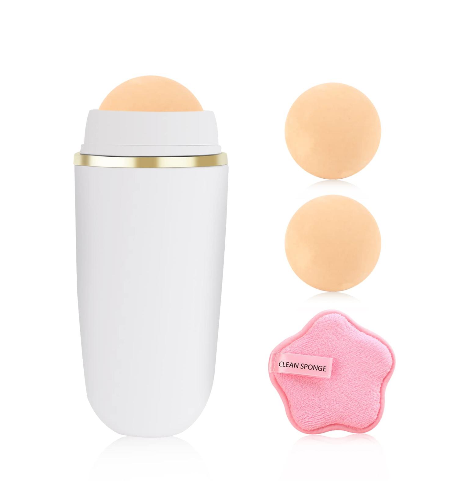 Portable Oil Control Roller with Volcanic Ball and Cleaning Sponge - White | Reusable Oil Absorbing Volcanic Roller - Buy Online on GoSupps.com