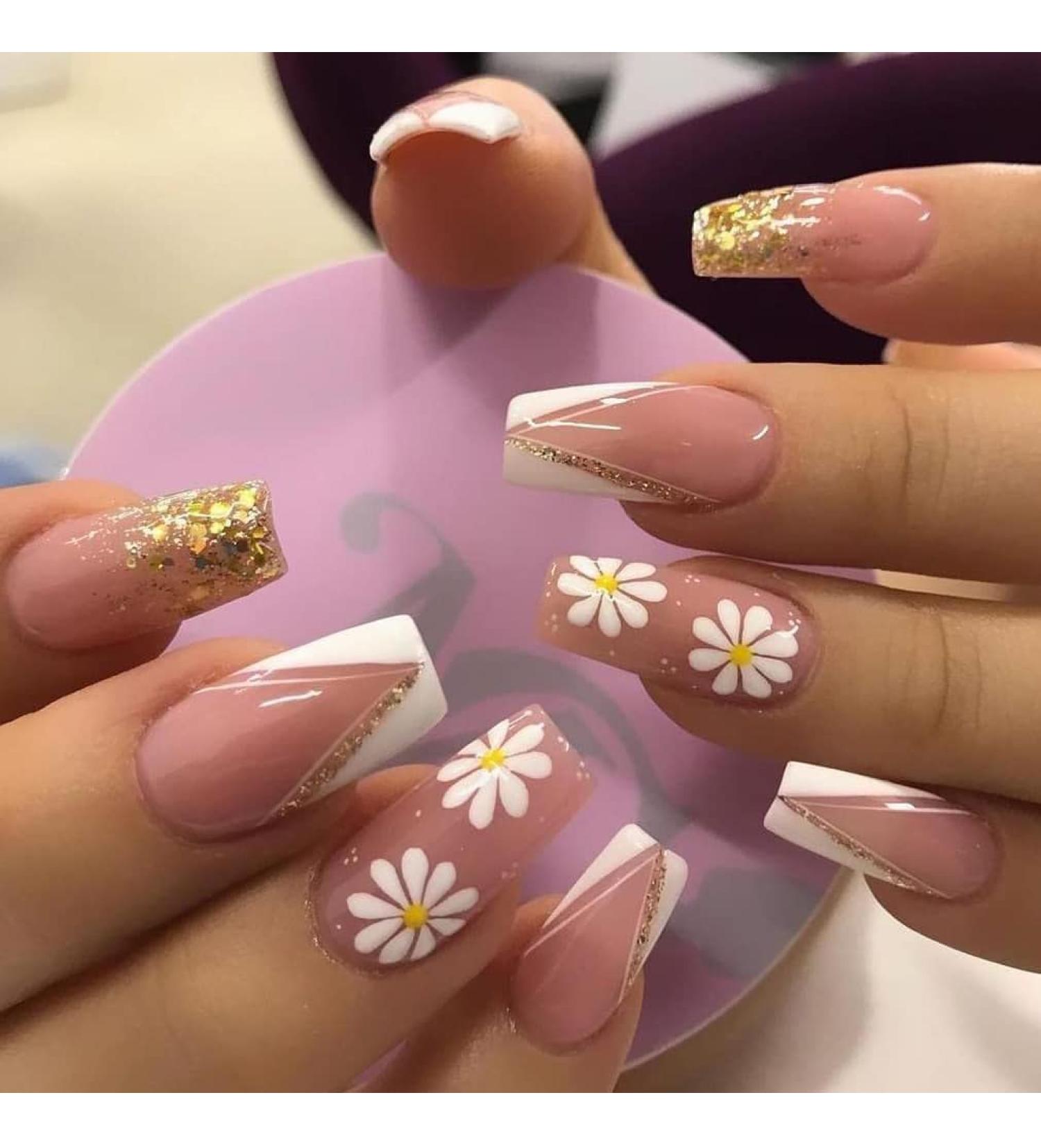 Buy Vatocu Long Pink Coffin Acrylic Press-On Fingernails - 24 Shiny Flower Designs for Women & Girls - International Shipping Available - Buy Online on GoSupps.com