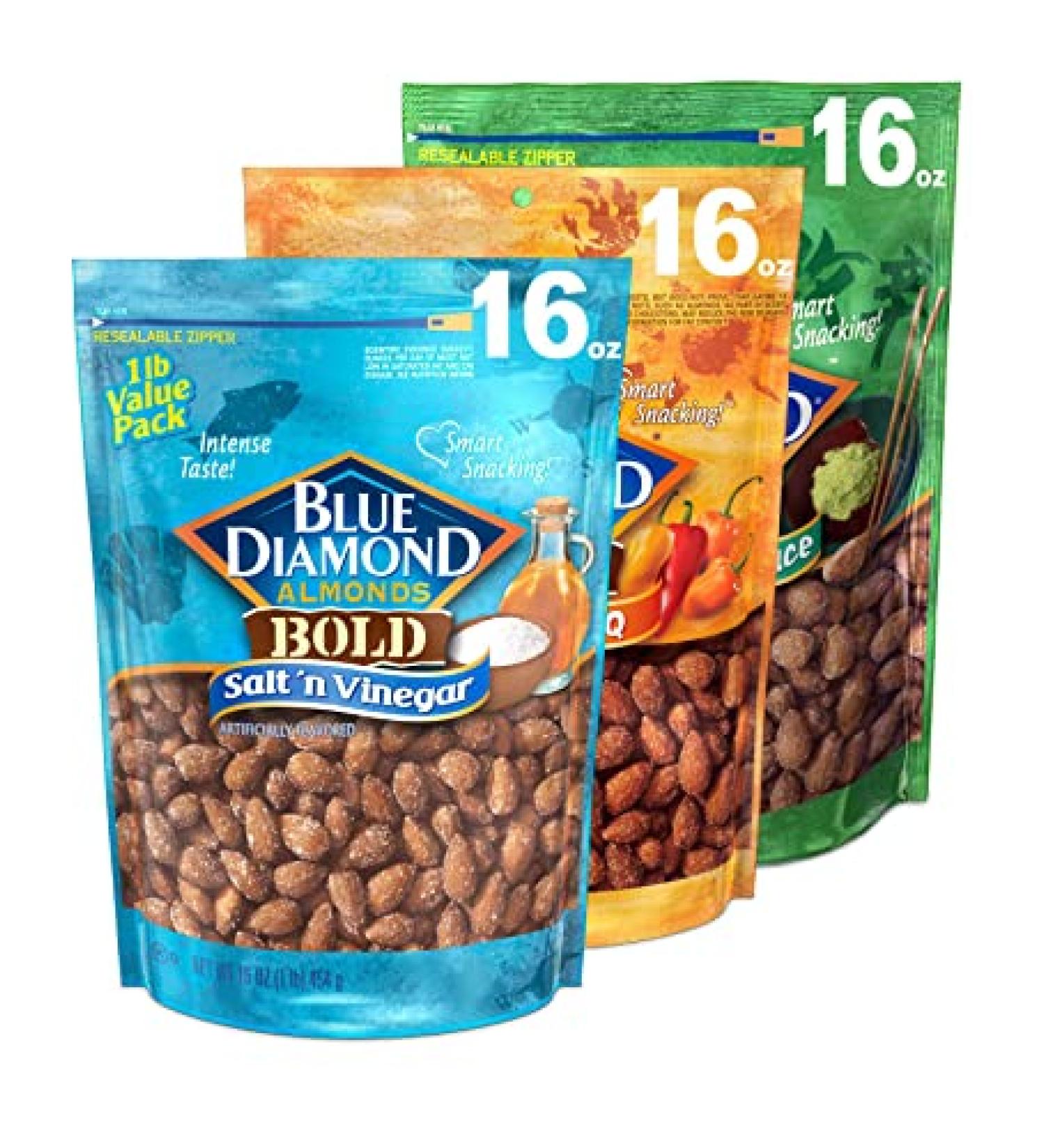 Blue Diamond Almonds Bold Variety Pack - Salt & Vinegar, Habanero BBQ & Wasabi Soy Sauce (3 x 16 Oz Resealable Bags) - Buy Online on GoSupps.com