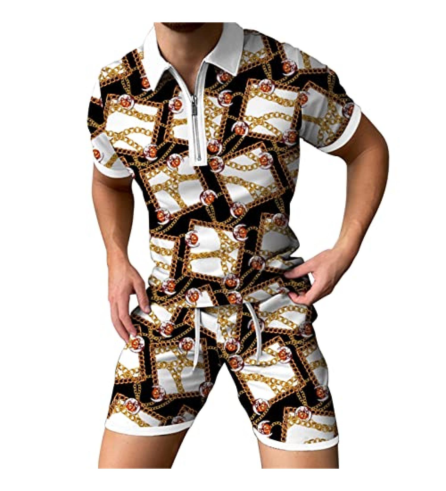 NaRHbrg Men's Printed Zipper Polo Tee Shirt and Shorts Set - Yellow | Sports Tracksuits - Medium - Buy Online on GoSupps.com