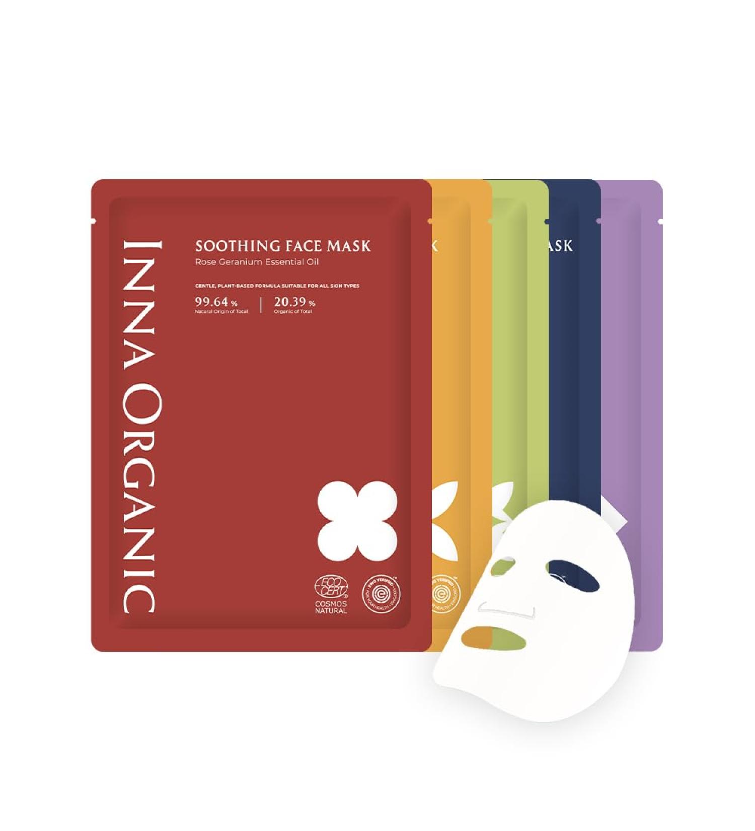 INNA Organic Sheet Mask Set Anti-Aging & Hydrating EWG & COSMOS Certified (Pack of 5) | First Pick Discovery Set | Luxury Clean Beauty - Buy Online on GoSupps.com