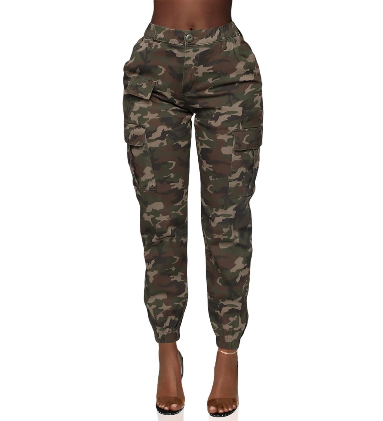 Double Denim Women's High Waist Jogger Pants - Casual Cargo Elastic Waistband Sweatpants Tapered Fatigue with 6 Pockets Camouflage X-Large