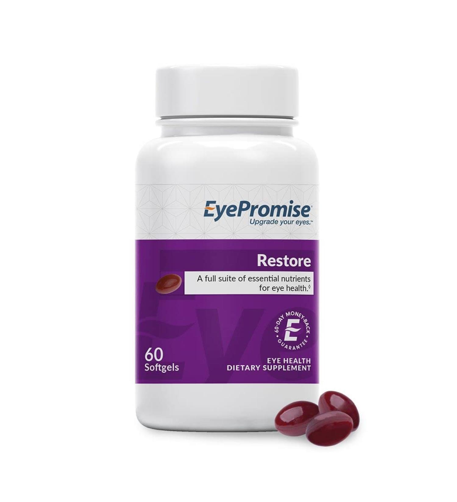 EyePromise Restore Supplement - 60 Softgel Capsules with Lutein, Vitamins C, D, E, Omega-3, Zeaxanthin - Macular Health Formula - Buy Online on GoSupps.com